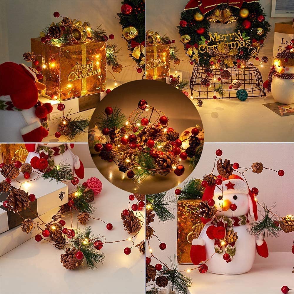 Terrilee Christmas Garland with Lights 10FT 30LED Red Berry Pine Cone Garland Lights Battery Operated, LED Garland String Lights, Xmas Christmas Decorations for Fireplace Mantel Decor