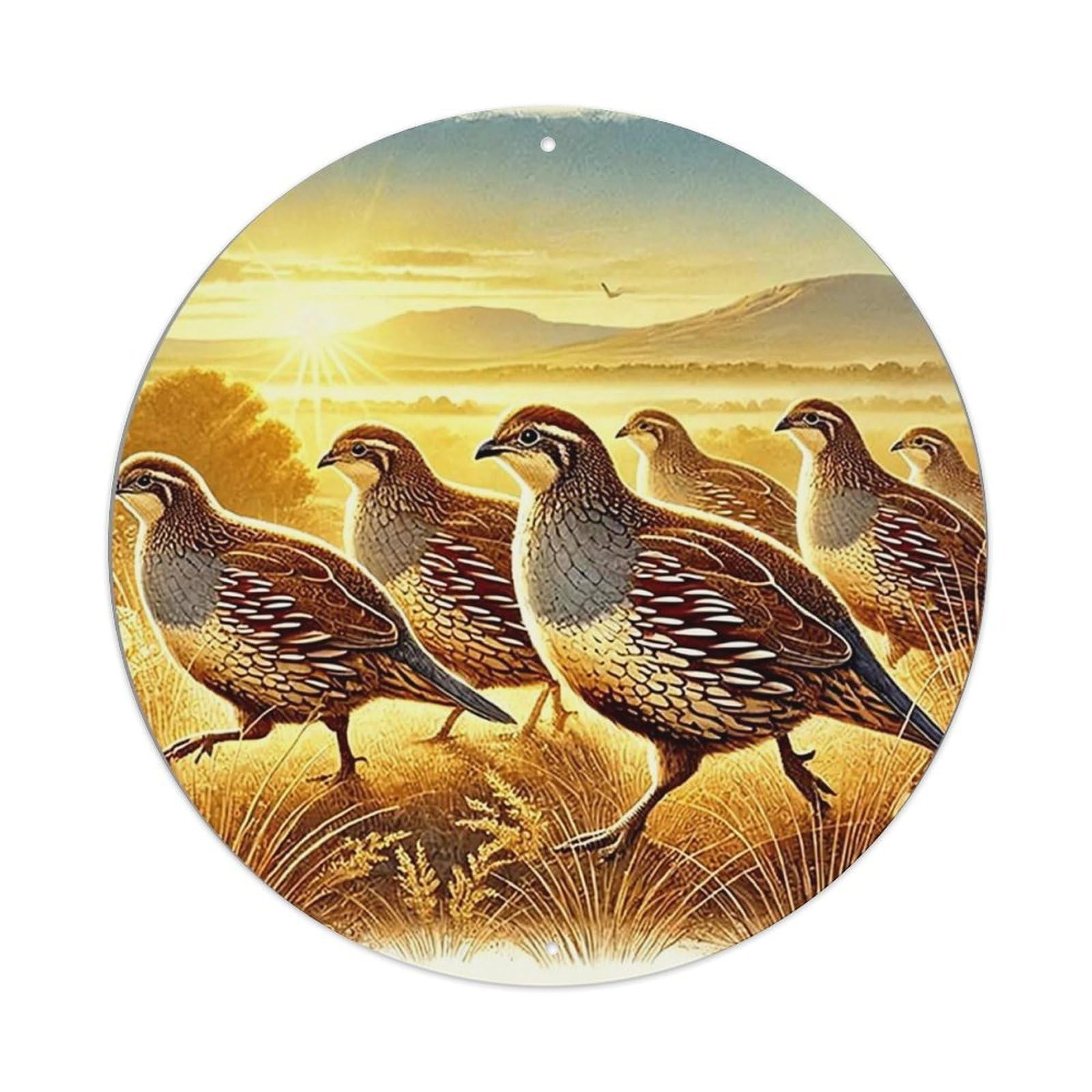 Golden Sunset Quail Field Walk Retro Metal Sign Round Tin Sign, Vintage Decor Art Poster for Bar, Home, Man Cave, Kitchen, Laundry Room Gift 8x8Inch