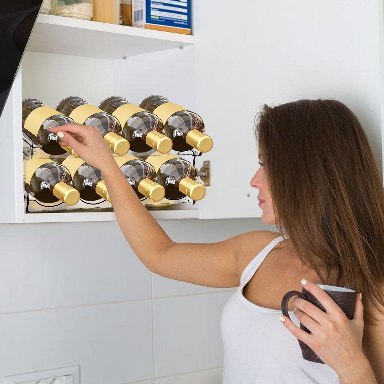 Bottiglie organizer per frigorifero: 8 bottiglie, portabottiglie impilabili, portabottiglie di vino, in plastica, porta lattine, porta bottiglie d'acqua trasparente per armadio, ufficio