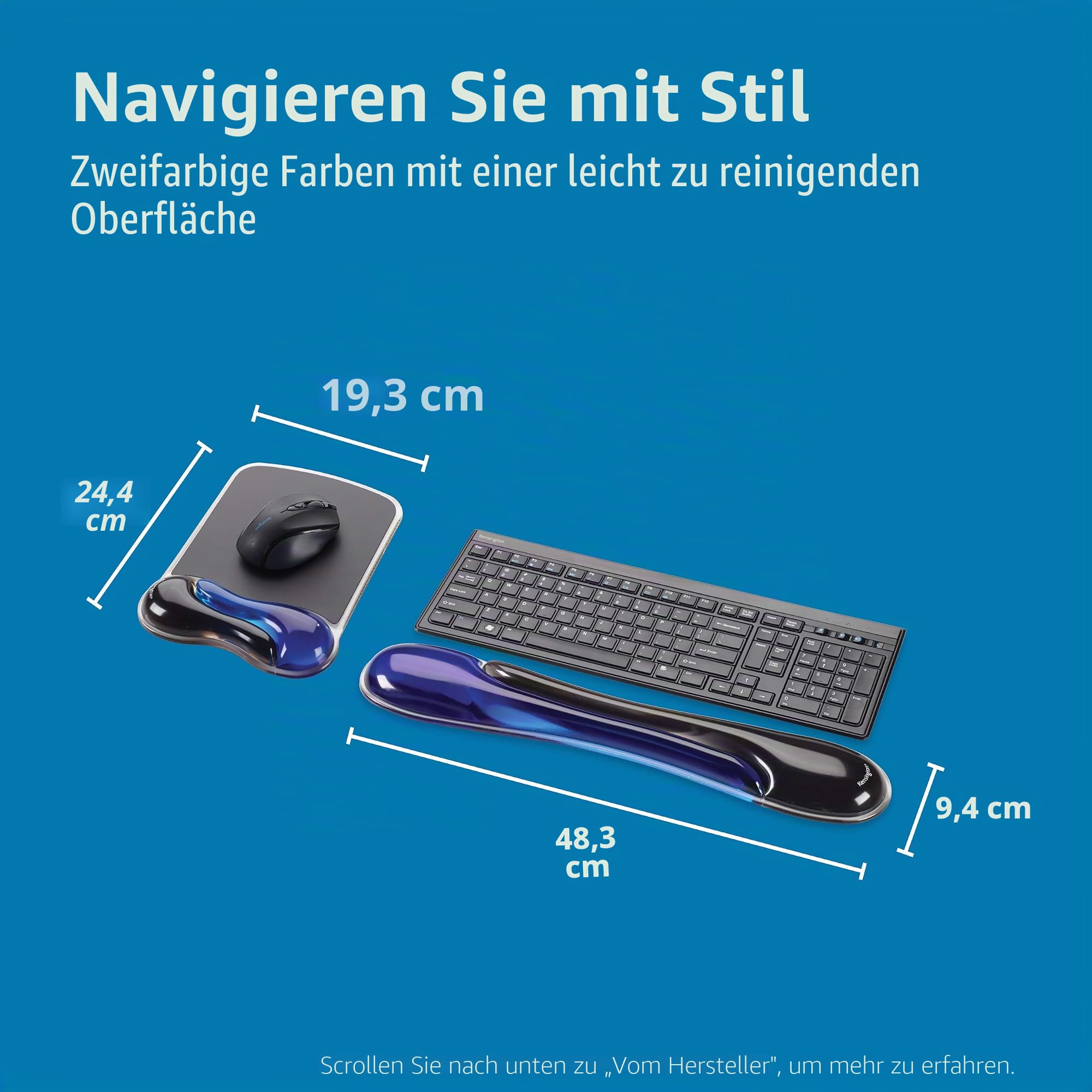 Kensington Duo Gel Keyboard Wrist Rest, Blue | Ergonomic Gel Cushioning, Non-Slip Base, Pairs Keyboard and Mouse Wrist Support, Cooling Comfort, Table | Ergonomische Gel-Dämpfung, rutschfeste Unterseite, paarweise Tastatur- und Maus-Handgelenkstütze, kühl