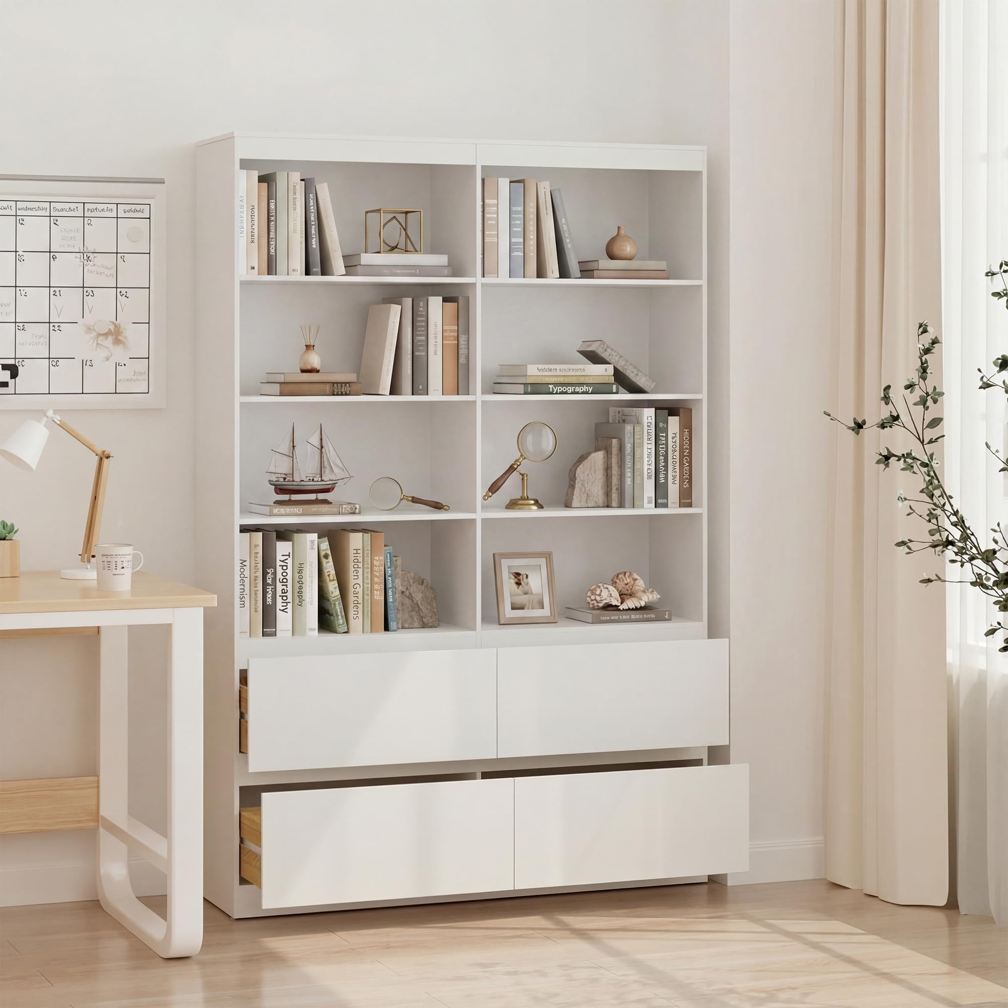 Xbro Libreria Alta con Cassetti 120 x 34 x 180 cm | 8 vani aperti e 4 cassetti senza maniglie con struttura MDF per soggiorno studio e ufficio
