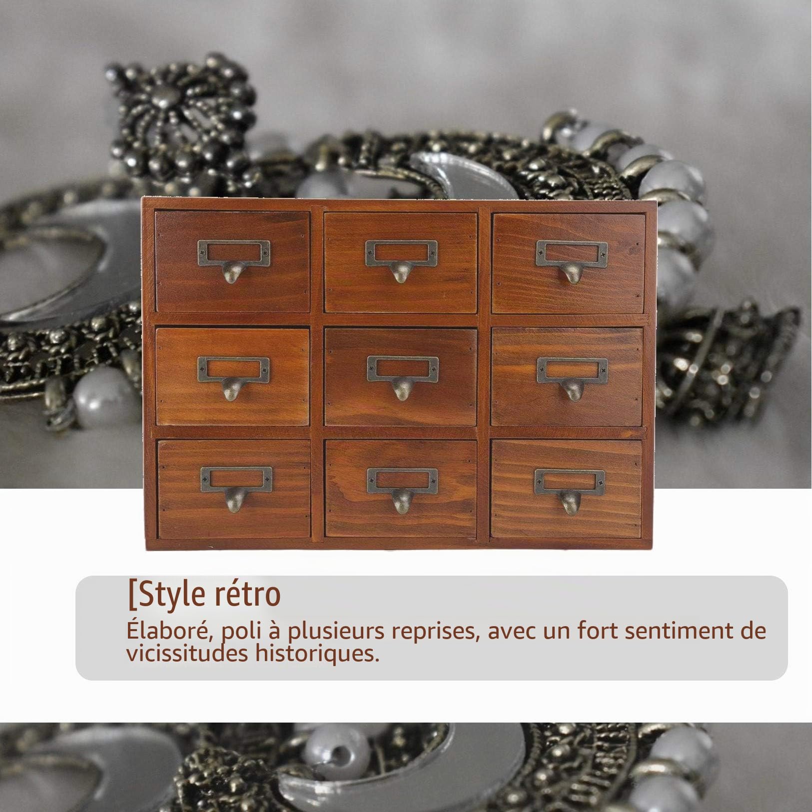 Tiroir vintage boîte de rangement en bois organisateur d'armoire apothicaire avec poignée en pin solide pour bijoux et maquillage (conception de poignée bois de pin solide et dura)