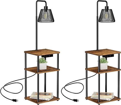 Lámpara de pie con mesa, mesa auxiliar con puerto de carga USB y tomacorriente, moderna mesita de noche con luz de pie para sala de estar,