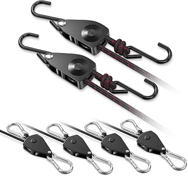 VIPARSPECTRA Ratchet Tie Down Straps, 1/8" Adjustable Rope Hangers [4 Pack, 8ft, 75lbs/Pack] Plus 1/4" Adjustable Rope Hangers [2 Pack, 12FT, 150 lbs/Pack] Heavy Duty Kayak Pulley System with Hooks