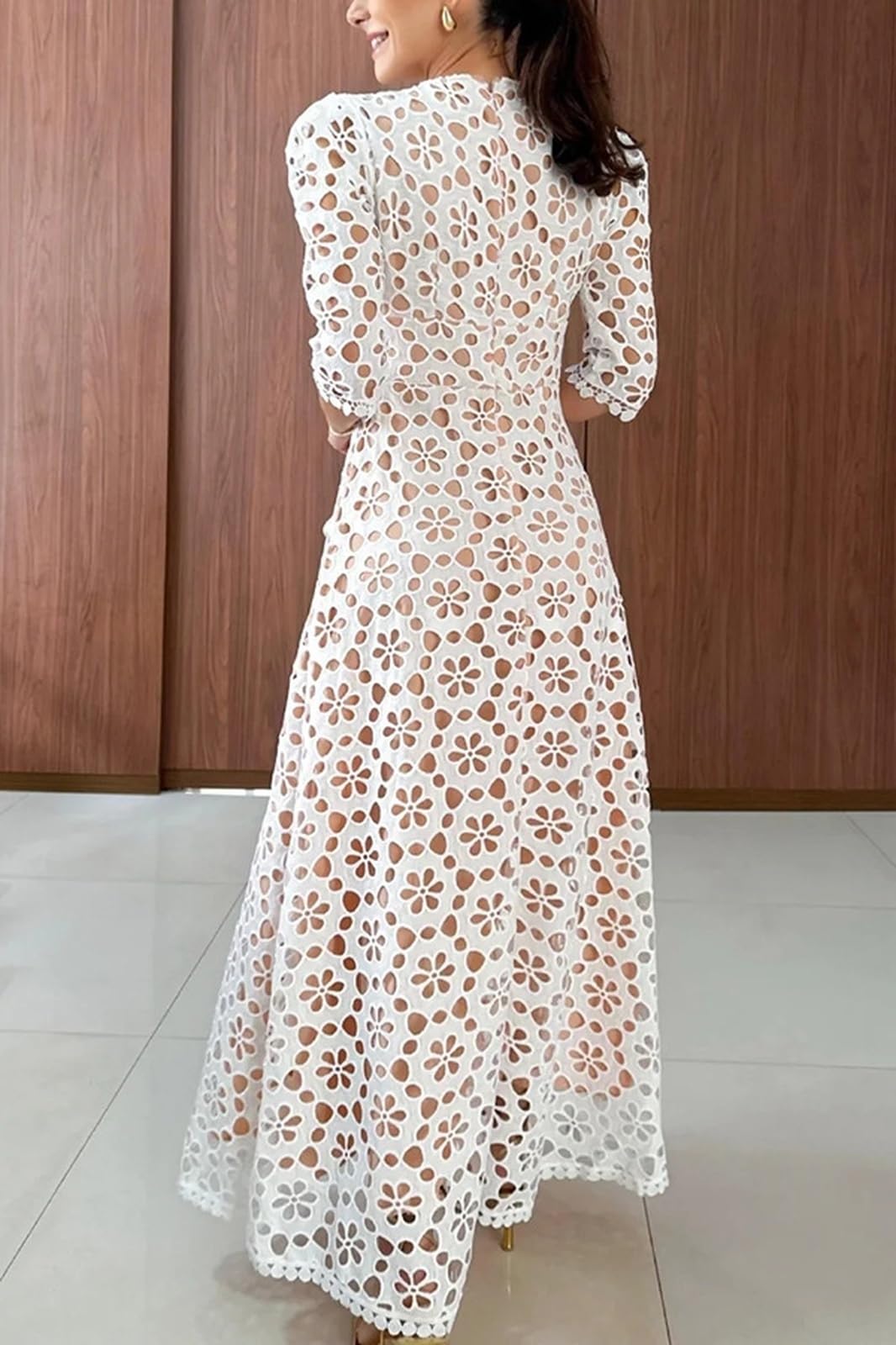 Generico Abiti Lunghi Eleganti in Pizzo da Donna, Abito Lungo Floreale Traforato con Scollo a V e Maniche a Sbuffo