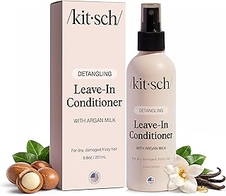 Kitsch Spray acondicionador sin enjuague con leche de argán, espray desenredante para cabello rizado, ondulado, fino, seco y dañado, sin silicona, regalo ideal para mujeres, 6.3 onzas