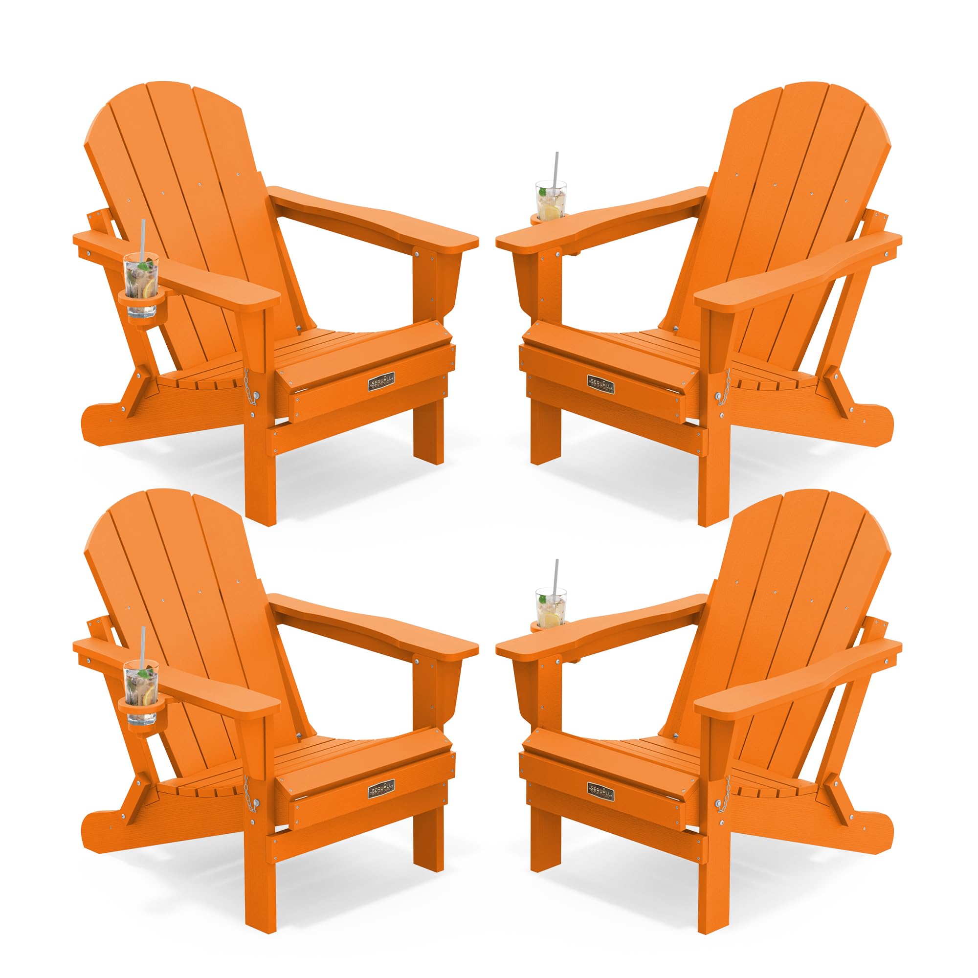 SERWALL Folding Adirondack Chairs with Cup Holder Set of 4, Fire Pit-Orange