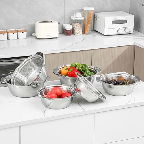 Miniatura 5 de Colador microporoso de acero inoxidable 304, gran capacidad de 2 cuartos de galón con tazón de mezcla para lavar verduras, frutas y arroz y para