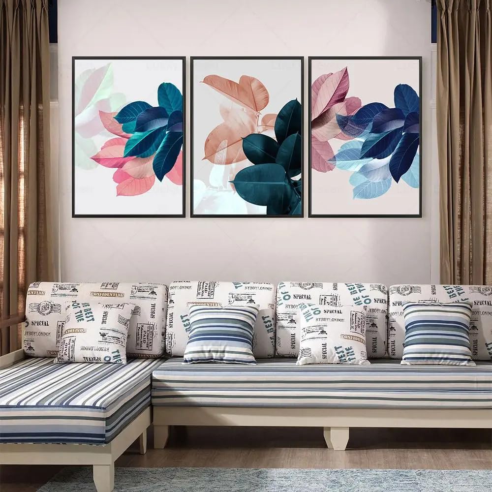 WBYZAC Botanical Posters-Abstract Tropical Plant Leaves Wall Art Canvas Painting Pink Flower Blue Nordic Posters and Prints Picture for Living Room Kitchen Decor-60 * 70cm*3PCS (No Frame)