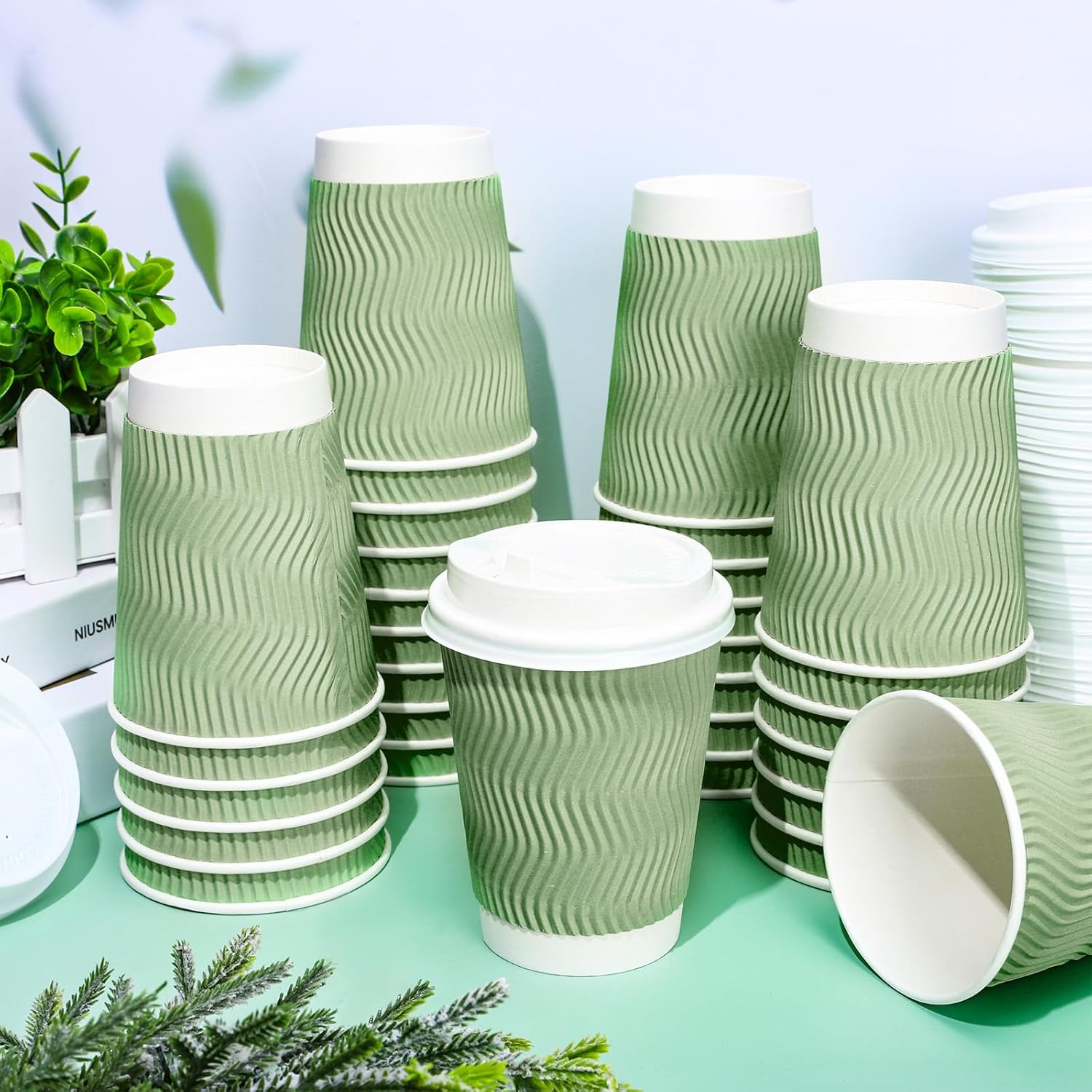 JarThenaAMCS 100Pcs Sage Green Disposable Coffee Cups with Lids Green Paper Cups Corrugated Ripple Wall Insulated Hot Cups for Home Office Party Supplies, 12oz - Image 3