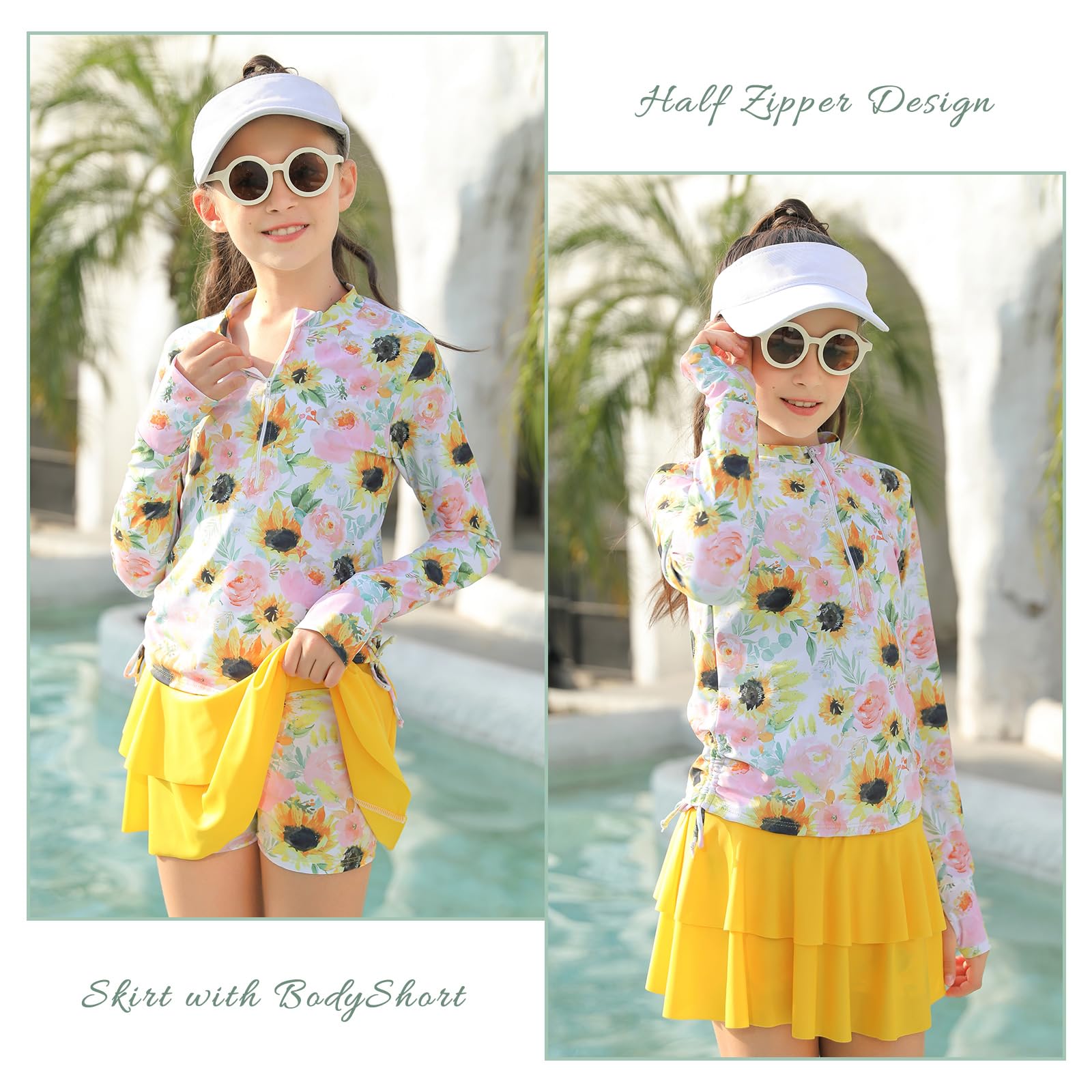 10-12 Girls Sunflower Swimsuits for Teens 2 Piece Beach Bathing Suits with Cover Up Skirts Size 10 Big Girls' Summer Vacation Long Sleeve Rash Guard Shirt Swimwear Child 3D Print Cute Shorts for Party
