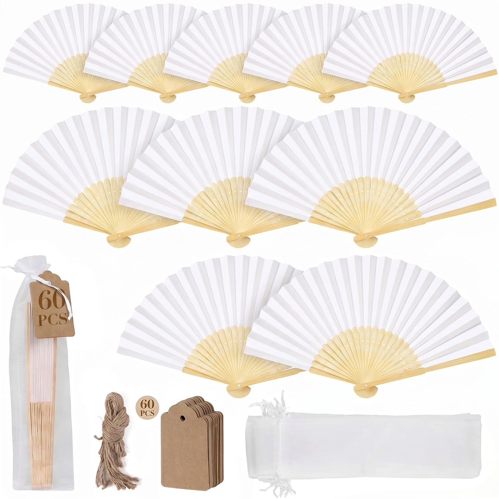 60 Stück Fächer Hochzeit, Handfächer Weiß Papier Fächer Hochzeitsfächer | Chinesische Fächer Taschenfächer Faltfächer Stofffächer für Hochzeit Party Geburttag DIY und Wand Dekoration