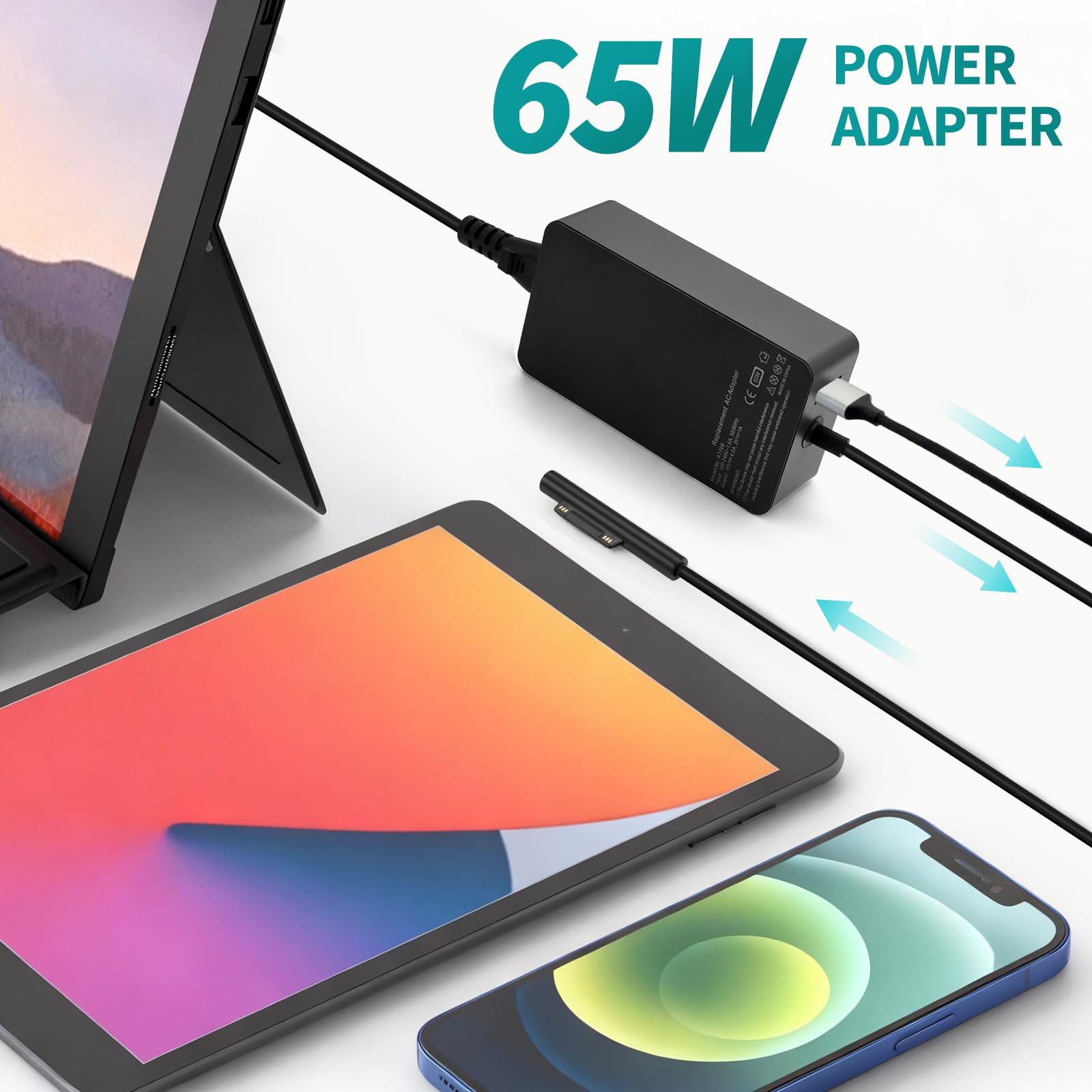 aceyoon Kabel ładujący 65 W do Microsoft Surface Pro 11/10/9/8/7+/7/6/5/4/3/X, 15 V 4 A, kompatybilny z laptopem Surface 7/6/5/4/3/2, do Surface Go 4/3/2, do Surface Book 3/2/1