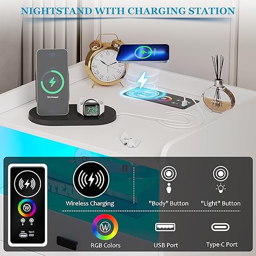 Miniatura 4 de Vlsrka Mesita de noche con estación de carga, mesita de noche LED con 24 colores, mesa auxiliar moderna con 3 cajones y almacenamiento abierto, mesa