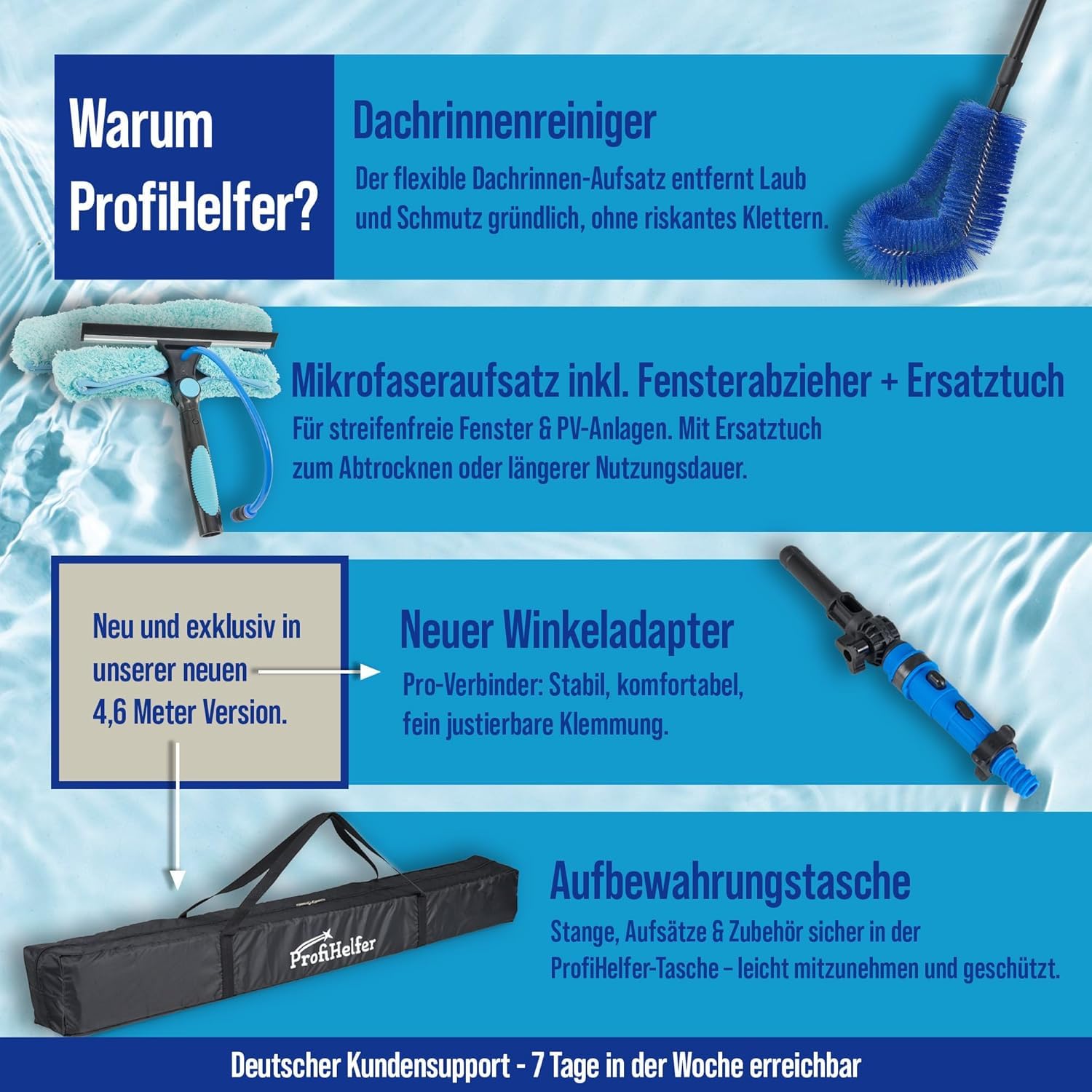 4,6m Teleskop Waschbürste - Teleskopstiel ausziehbar [4-in-1 10-TLG.] Reinigungsset Teleskopstange Fensterreinigung Wintergarten Wasseranschluss PV Anlage Reinigung
