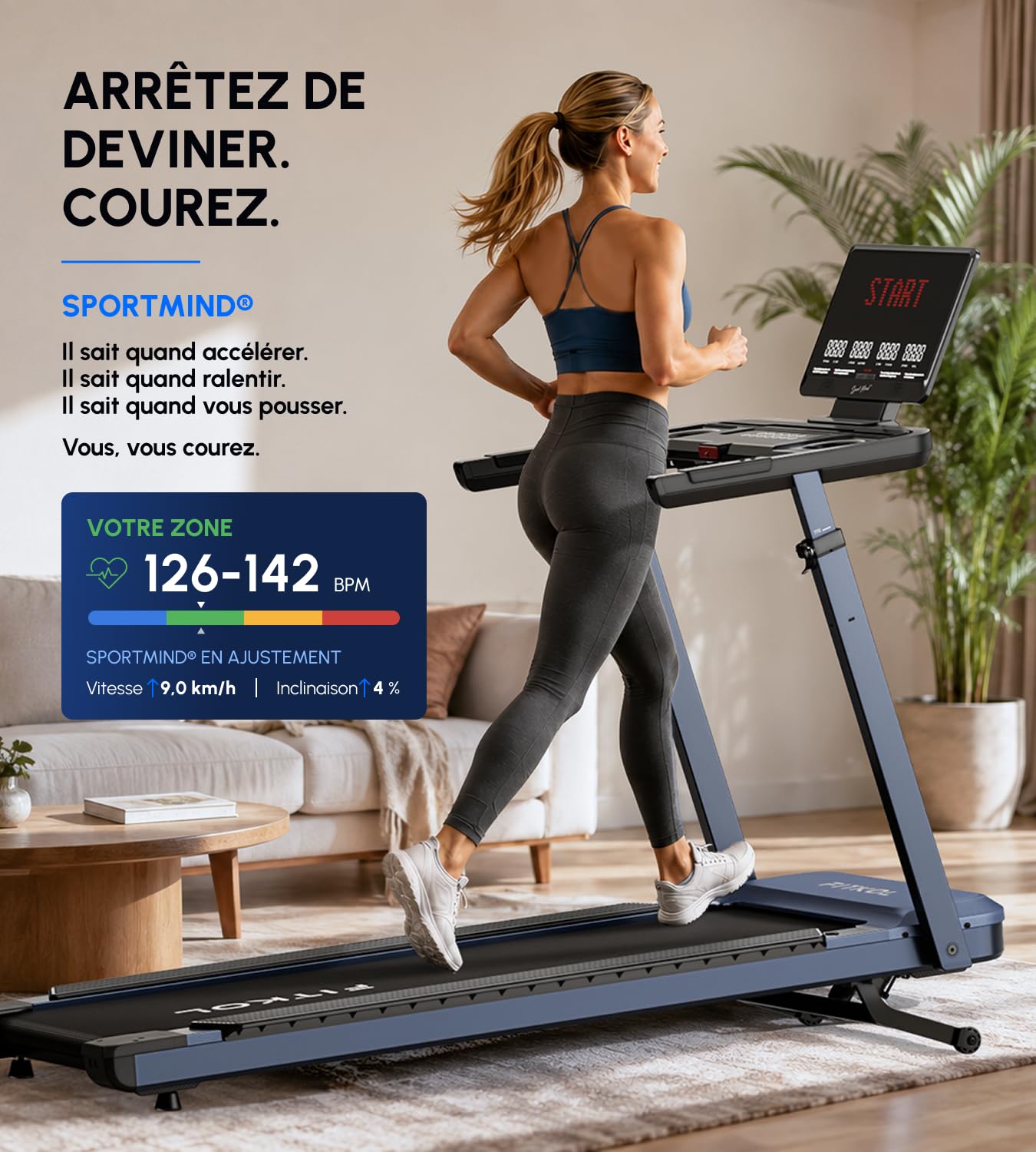 Tapis de Course Adaptatif IA - Vitesse et Inclinaison Automatiques, Coach IA en Temps Réel, Contrôle Cardiaque Intelligent, Moteur 5,0 HP, Charge Max 200 kg, pour Débutants