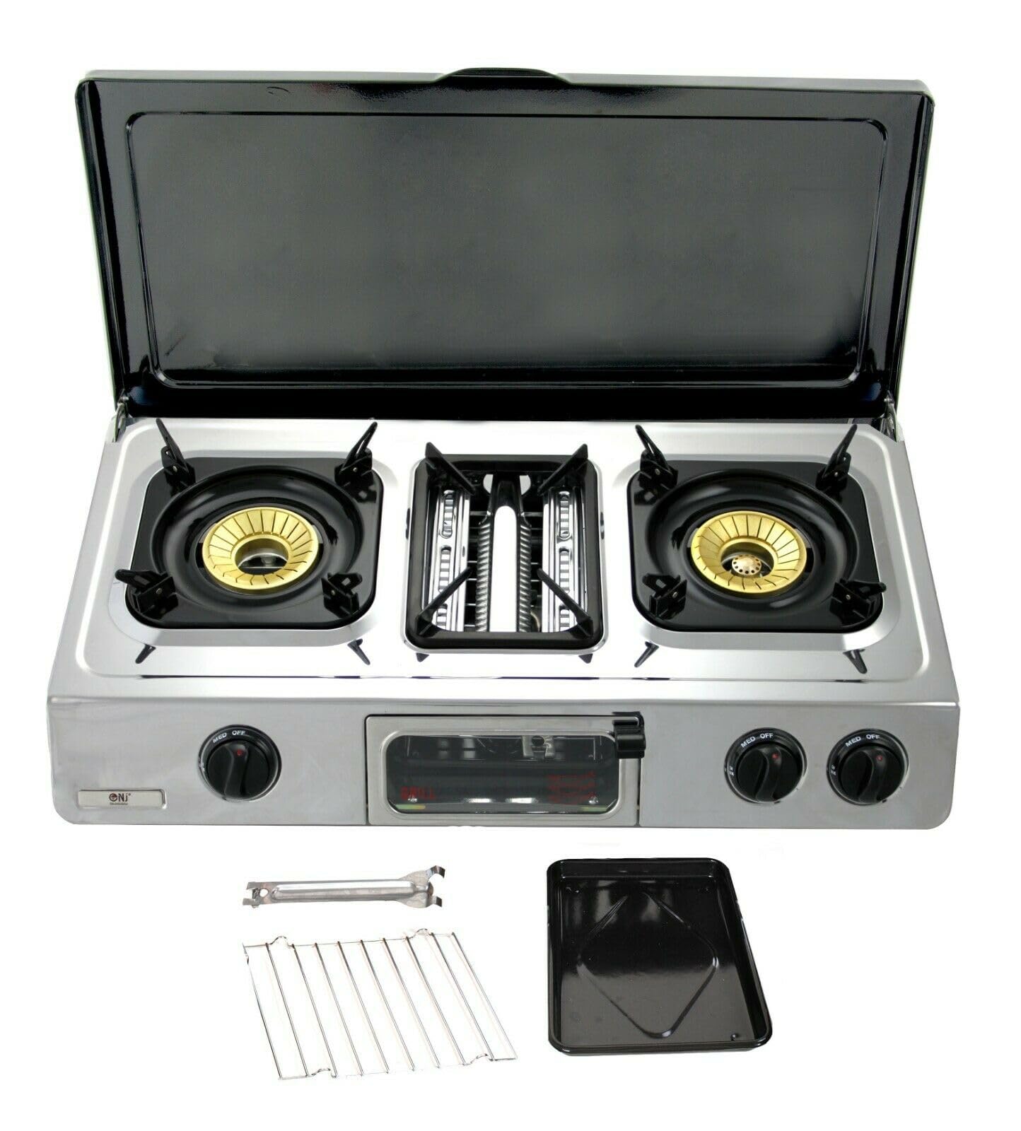 NJ G-78C - Fornello a gas a 2 fuochi, griglia e forno in acciaio inox, copertura per barbecue da esterno, 70 cm