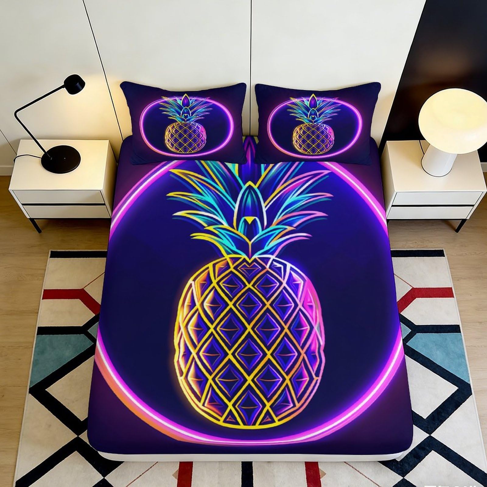 3D Printed Neon Pineapple Fitted Sheet Microfiber Soft Breathable Colorful Bed Cover for Bedroom Dormitory Guest Room Mattress Protection 200x200x25cm