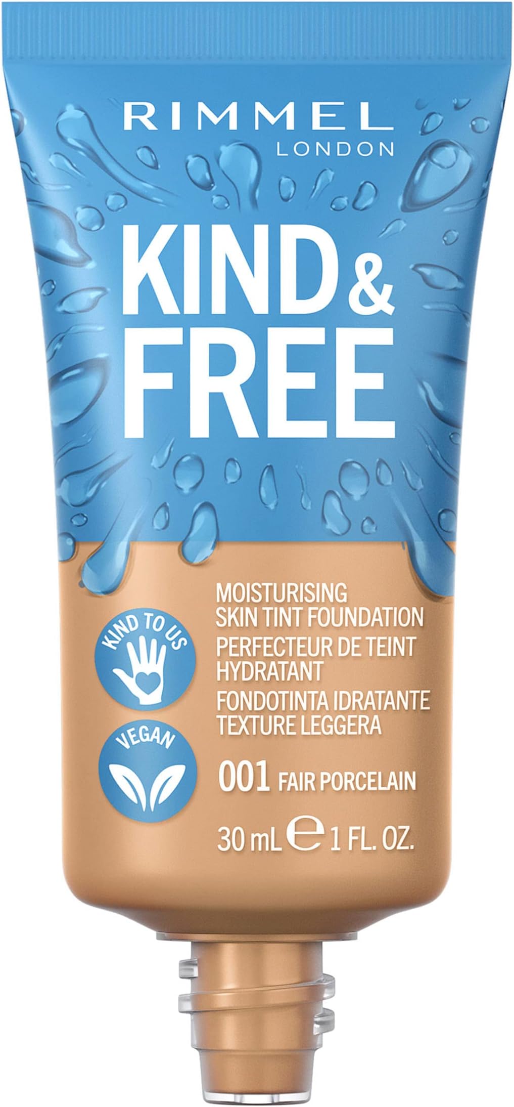 London KIND & FREE Skin Tint - Moisturising Foundation - With Vitamins E & B5 - Kind To Animals & Vegan - 30 ml, shade 001 Fair Porcelain