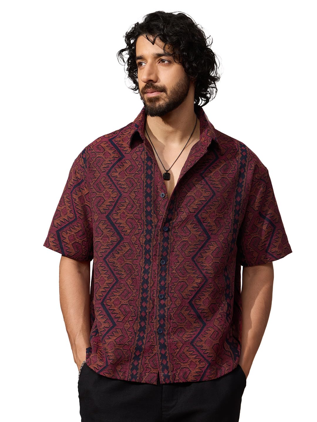 the souled store Printed Shirt: Heritage Men and Boys Short Sleeve Cuban Collar Maroon Printed Cotton Blend Casual Lightweight Drop Shoulder Streetwear Oversized Shirt-picture-30