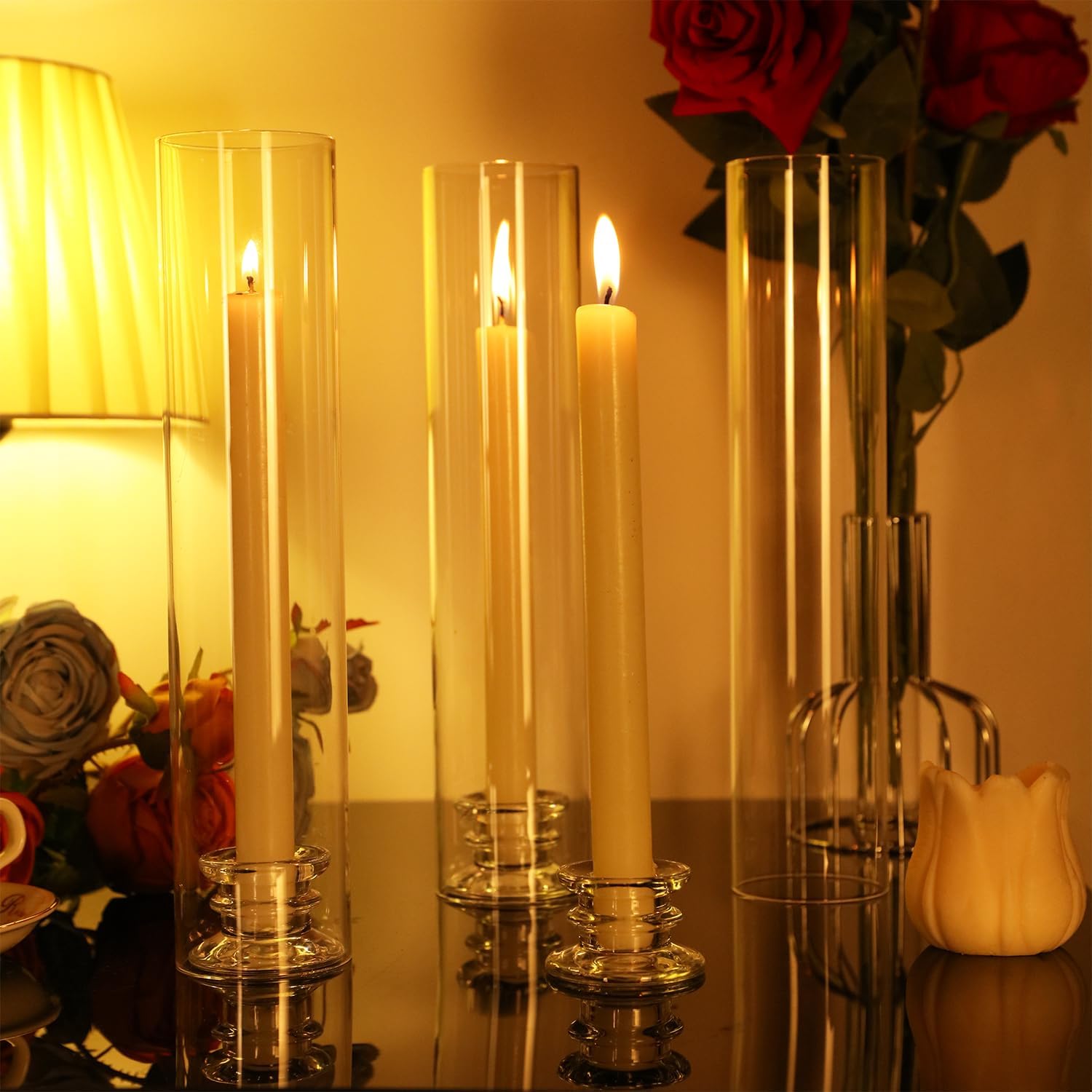 6 Sets Modern Candle Stand with Chimney Cover Taper Candle Holders Glass Hurricane Candle Holder for Tapered Candles 12inch Large Crystal Candlestick Holder Stand with Cylinder Sleeves for Wedding - Image 6