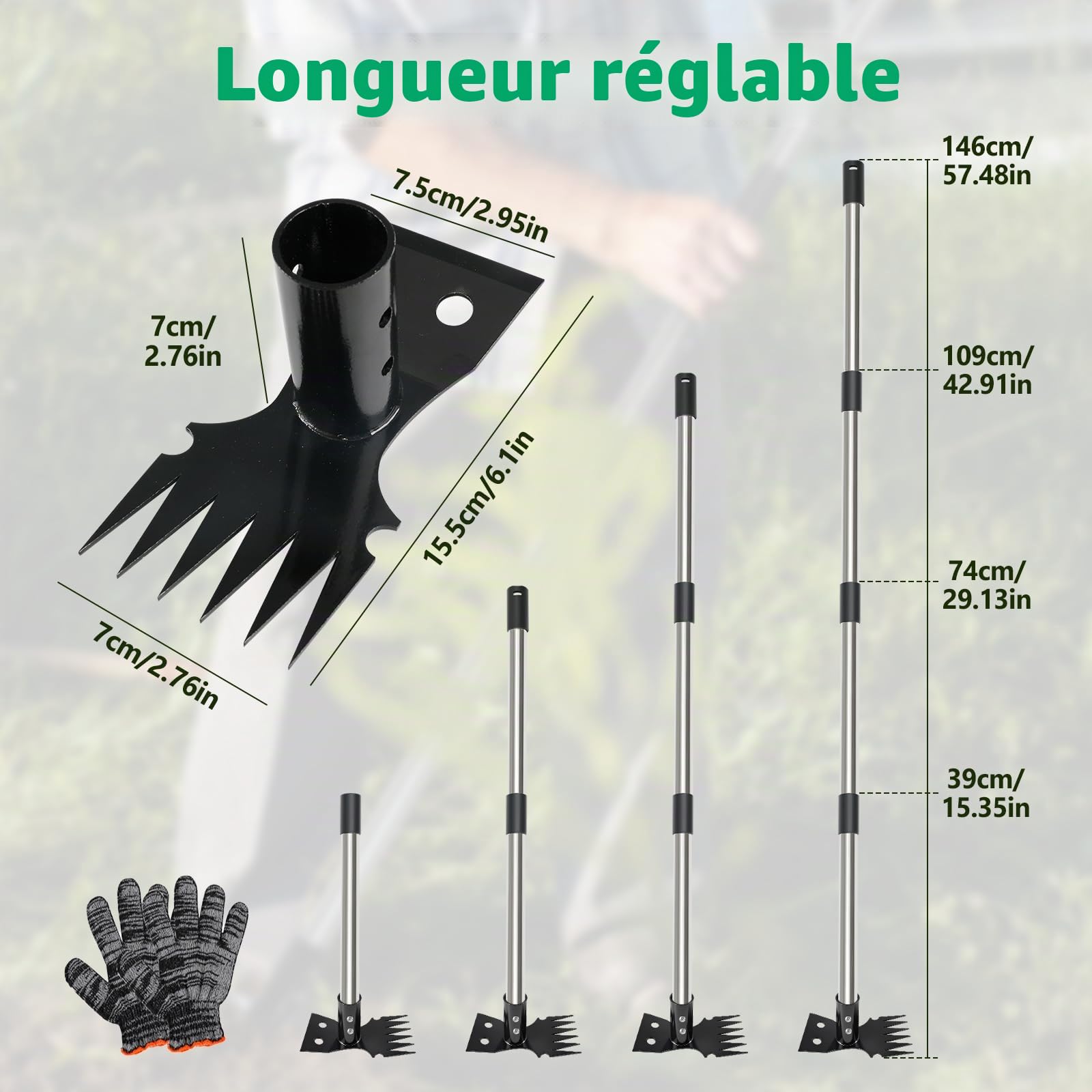 Outil d'arrache-mauvaises herbes avec long manche, râteau manuel 2 en 1 et binette de jardin de 150 cm, 4 sections détachables et robustes avec gants pour terrasse, jardin, cour, pelouse