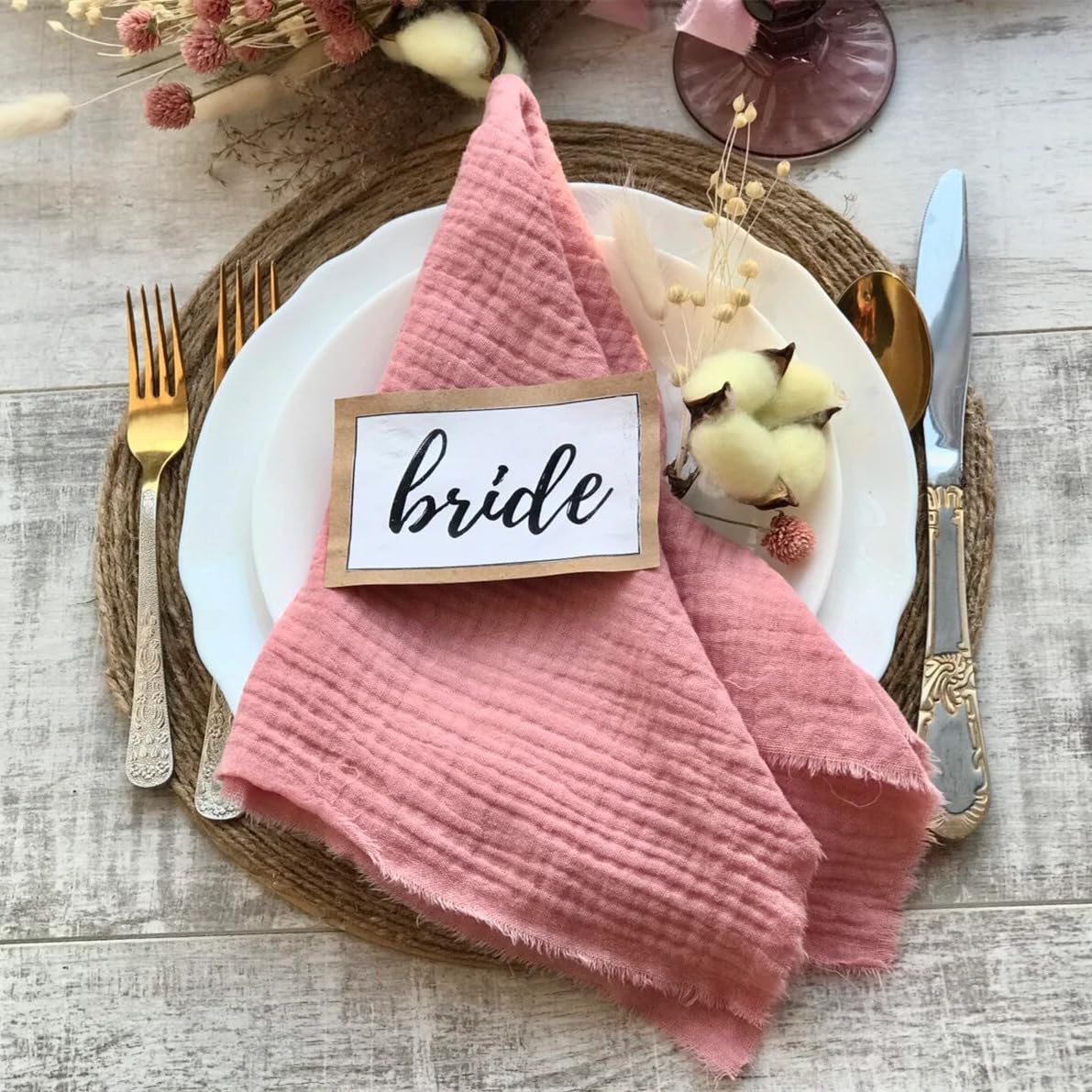 Servilletas de Tela, 24 Piezas, 42x42 cm, servilletas de Mesa de algodón rústico Suave con Flecos para Hotel, Restaurante, Navidad, Fiestas y decoración de Bodas - Rosa Claro #2