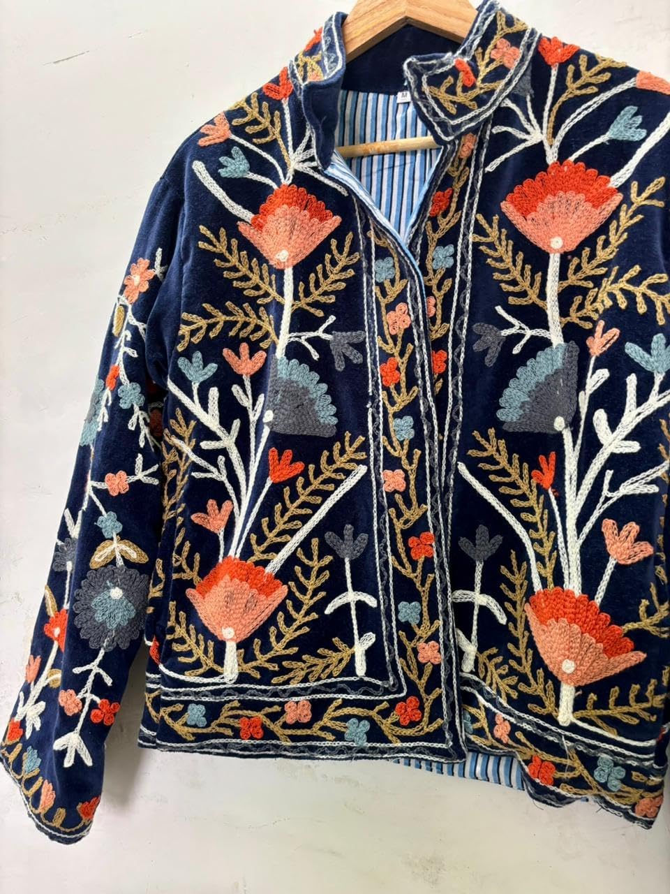 Embroidered Velvet Jacket, Navy Blue, Floral Design, Long Sleeve, Open Front, Striped Lining