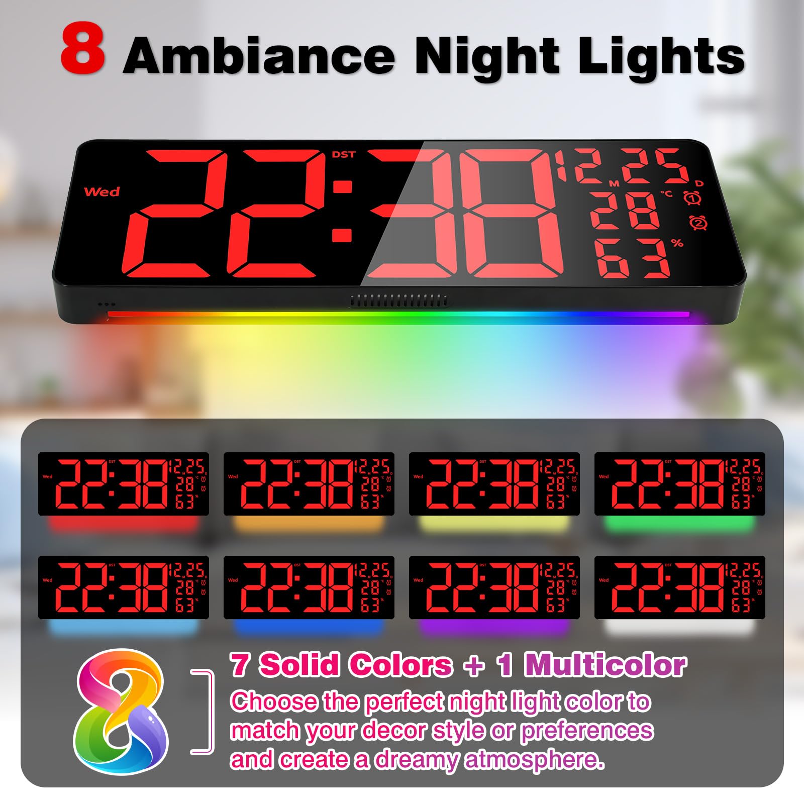 Horloge Murale Numérique LED 16,5'' avec Télécommande, Luminosité Automatique, Heure d'Été, Température, Date, Jour, Double Alarme, 12/24H, Horloge Murale Digitale pour Salon Cuisine Bureau Gymnase