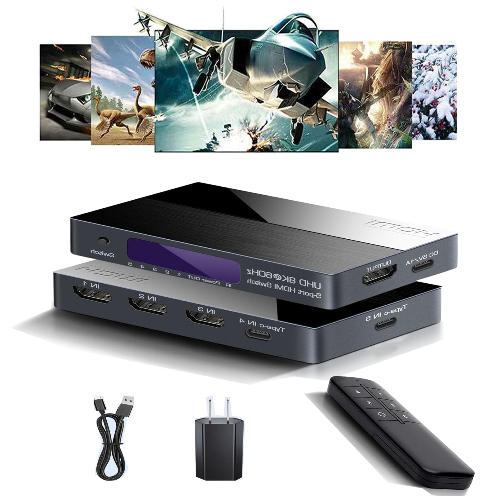 Commutatore HDMI 8K 5 × 1 Interruttore senza soluzione di continuità 3HDMI+2Type-C Ingresso 1HDMI Uscita SGRAPID Interruttore HDMI 2.1 con telecomando/cavo di alimentazione Supporto USB-C Commutazione