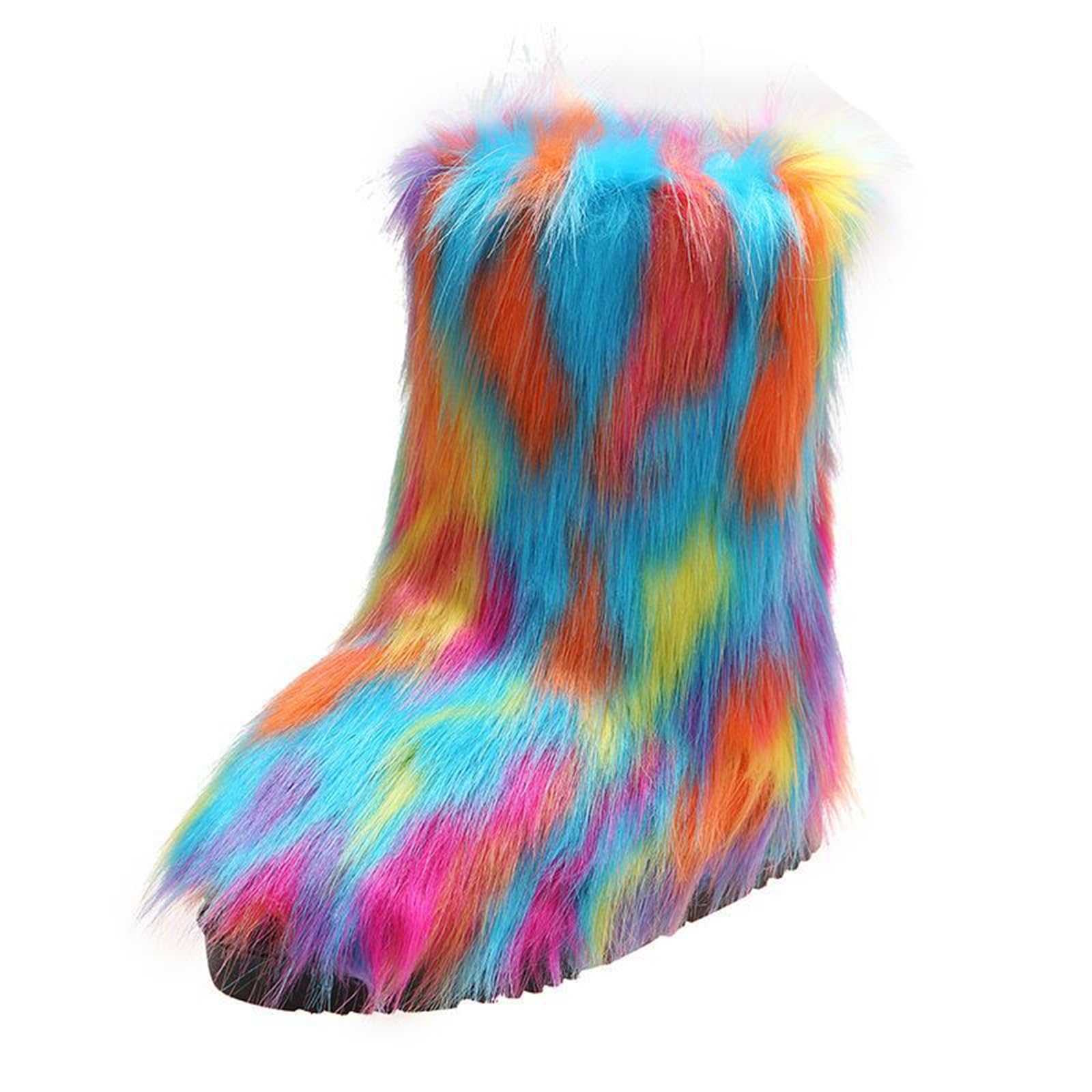 NIGXWNS Furry Faux Fur Boots for Women Outdoor Flat Shoes Winter Warm Fuzzy Fluffy Furry Ankle Boots Mid Calf Snow Booties