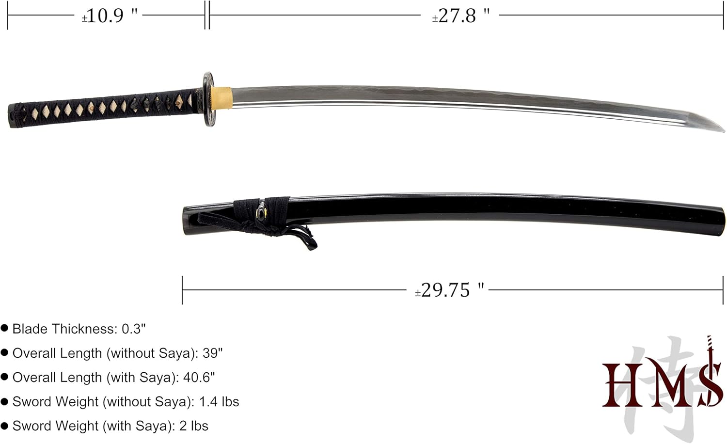 HMS Iaido Training Katana Sword, Aluminium Alloy Blade, Full Tang, Unsharpened Blade, Samurai Bamboo Tsuba, Black Scabbard