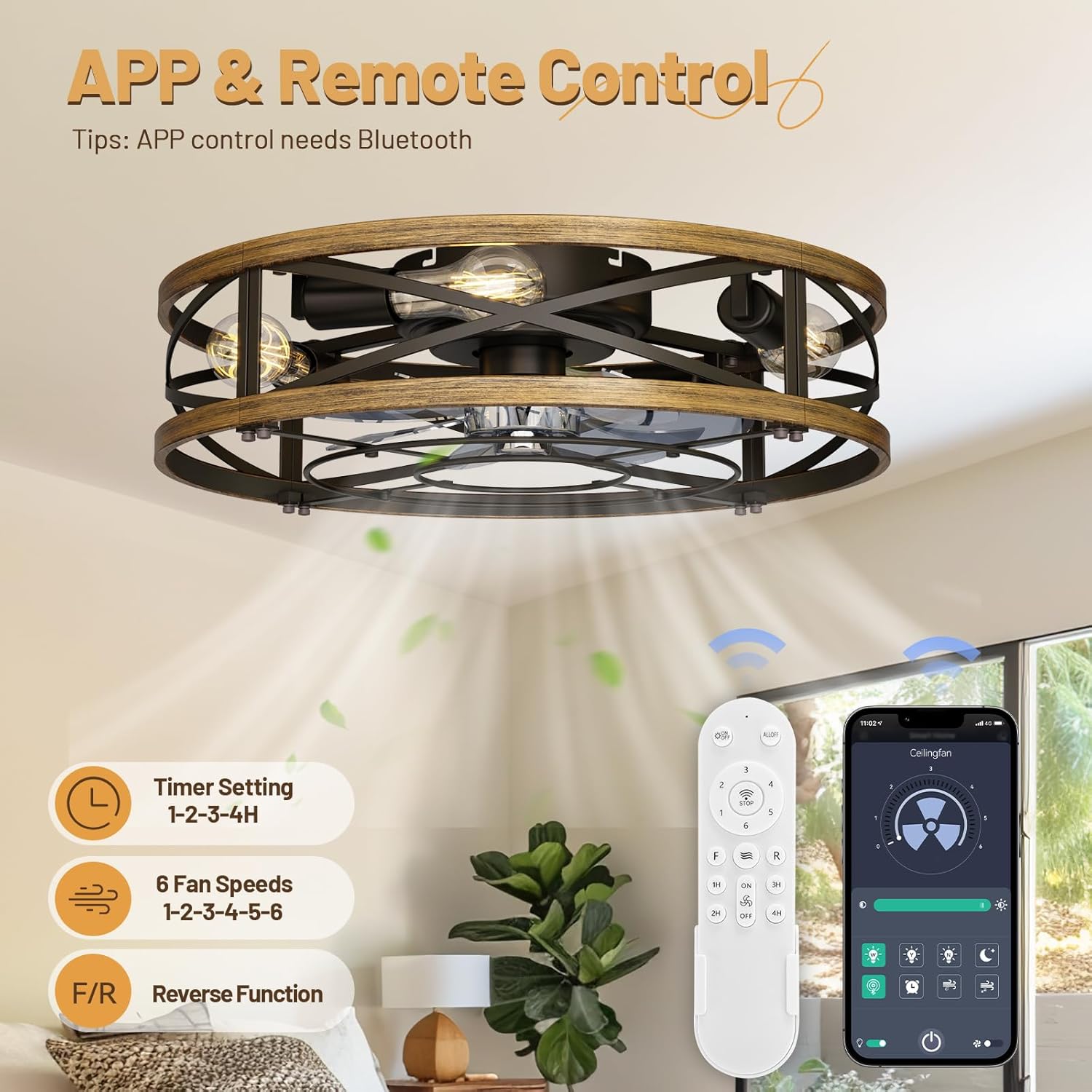 Caged Ceiling Fan with Lights,20in Low Profile Ceiling Fan, Small Rustic Industrial Farmhouse Ceiling Fans with Lights,Reversilbe Flush Mount Fandaliers Fan Light Ceiling Fixture for Bedroom Kitchen