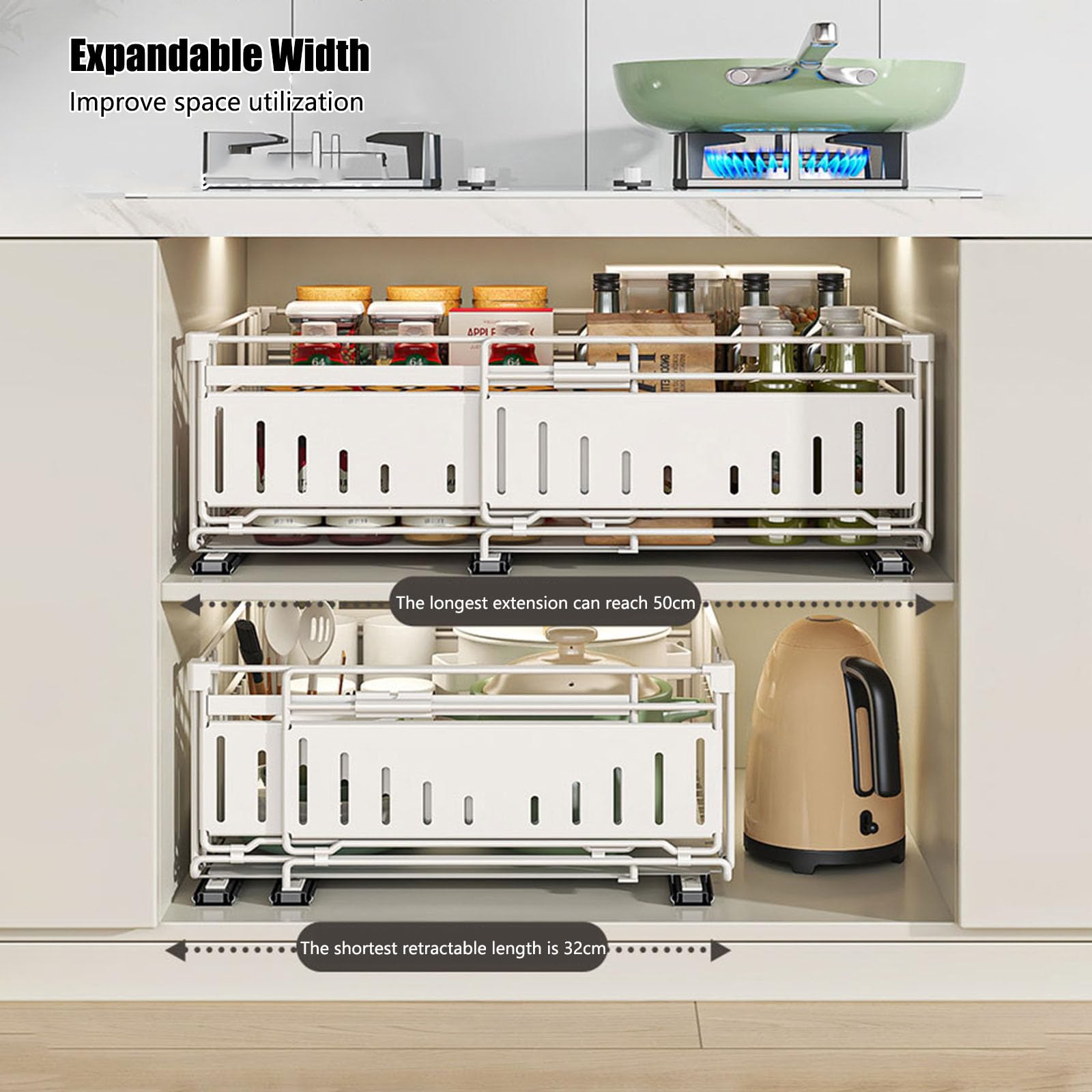 Teleskopschublade Küchen Aufbewahrungsregale Organizer Ohne Bohren Ausziehbare Schubladen Metall Küchenregal Spülschrank Regal Für Küche Pantry Organisation, Einstellbare Breite 32.5-50Cm,Schwarz,2Pcs