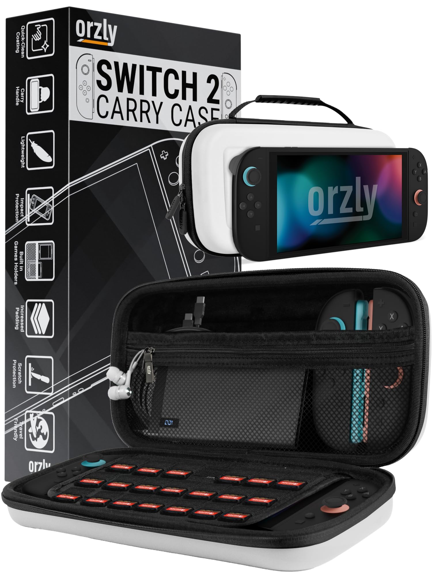 Orzly Tragetasche für die Nintendo Switch 2 (2025) Konsole, 7,9 Zoll Bildschirmschutz, Hartschalenetui mit intelligenter Aufbewahrung für Zubehör und Spiele, Taschen, Geschenkbox-Edition