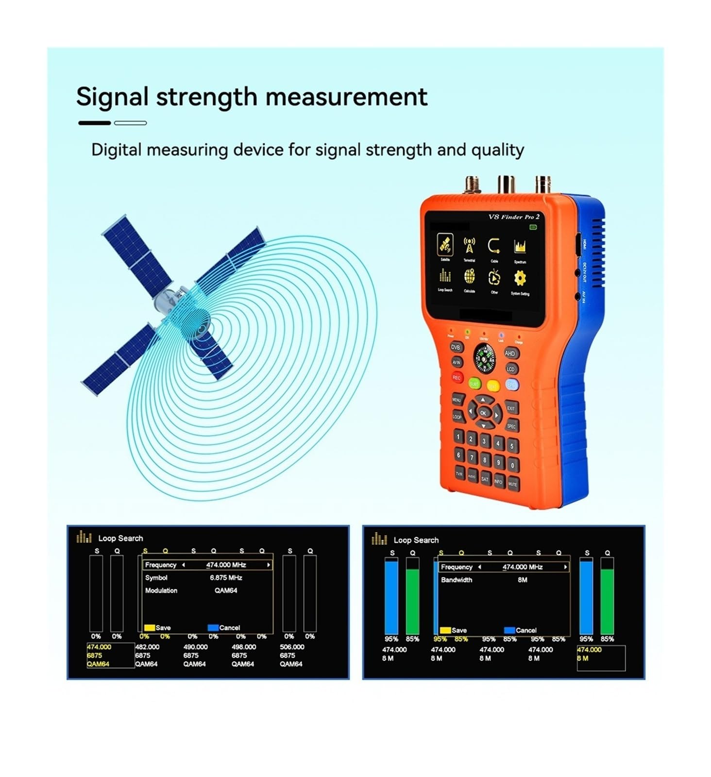 Medidor buscador de satélite Digital V8, Detector de medición de señal DVB-S2X/S2/S/T2/T/C con Pantalla LCD de 3,5 Pulgadas Borrar Pantalla