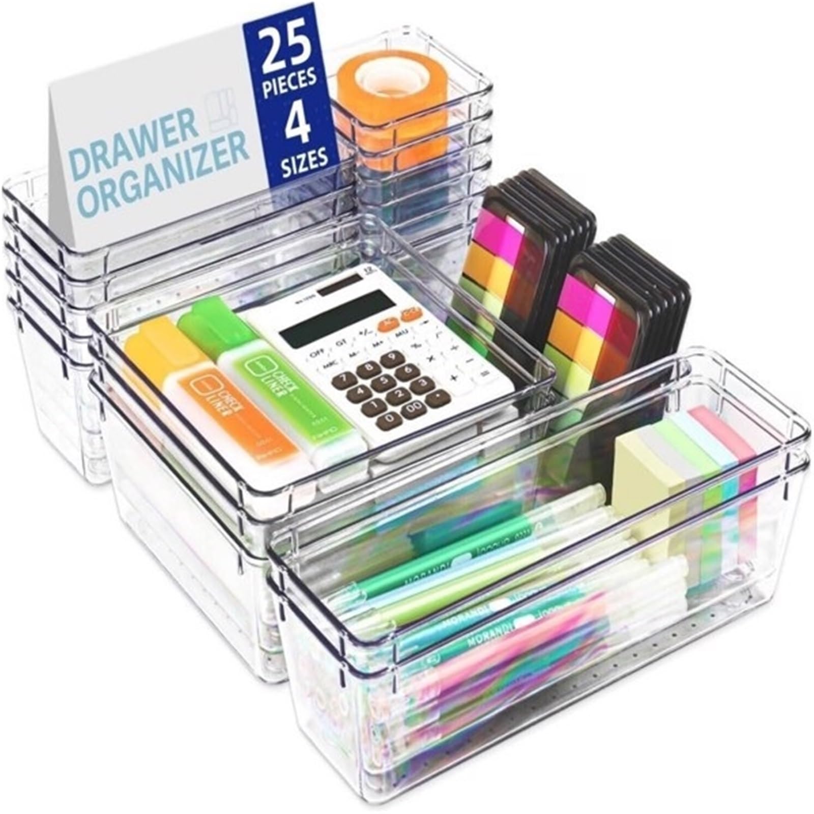 TYNGBT Kids Drawer Organizer Set, 25 Pcs Clear Plastic Storage Bins, Dividers for Kids Room, School Supplies, Toys, Stationery and Small Accessories