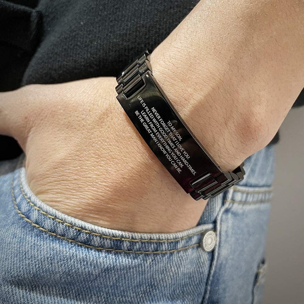 ORFAN Personalized Name Bracelet Engraved Bracelet for Men Titanium Steel Mens Bracelet Customizable Silver/Black Personalized Bracelet for Dad Sons Custom Mens Wristband Bracelets with Names
