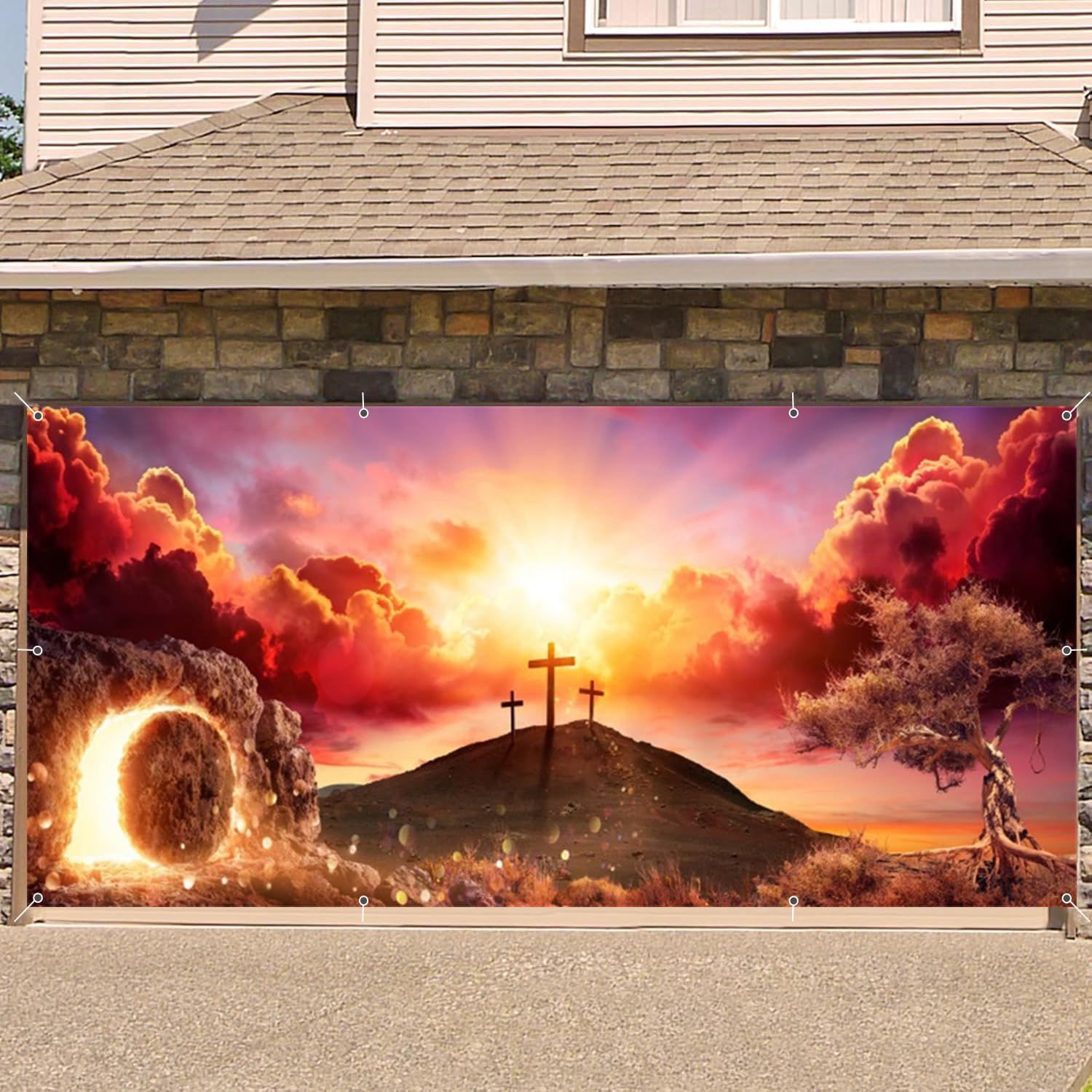 Easter Garage Door Decorations Cover Banner,Jesus Cross He is Risen Garage Door Cover Backdrop,Mountaintop Sunrise Holy Light 2 Car Garage Door Banner for Religious Outdoor Holiday Decorations 6x13ft