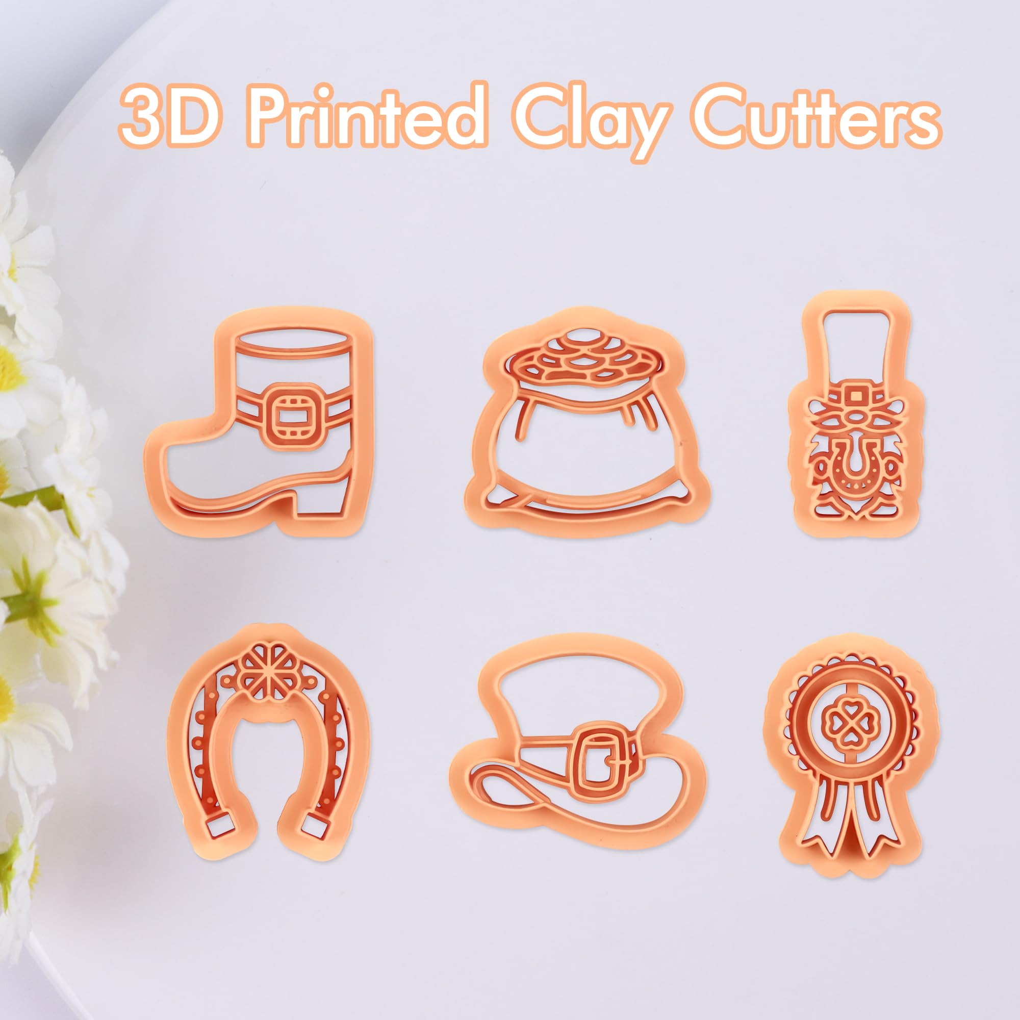 Puocaon Leprechauns Polymer Clay Cutters - 6 Pcs Clay Cutters for St Patrick Day, Top Hat Gnome Coin Bag Clay Cutters for Polymer Clay Jewelry Earrings Making, Medal Boot Clay Earring Cutters Set