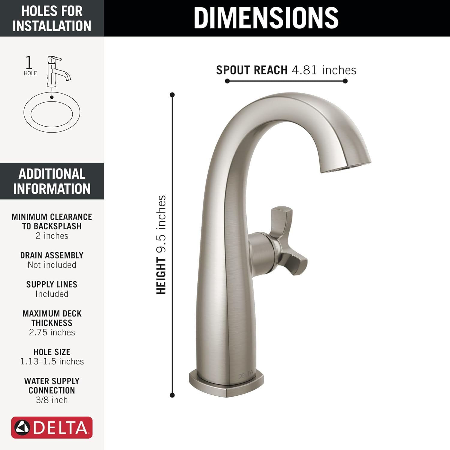 Delta Stryke Mid-Height Brushed Nickel Bathroom Faucet 1 Hole, Single Hole Bathroom Sink Faucet for Vanity, Lumicoat Stainless 6776-SS-PR-DST (Drain Not Included)