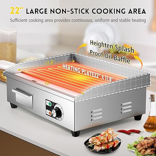 Miniatura 3 de Moogiantgo - Plancha eléctrica comercial de 22 pulgadas, 1600 W, antiadherente para encimera, acero inoxidable, caja de aceite extraíble,