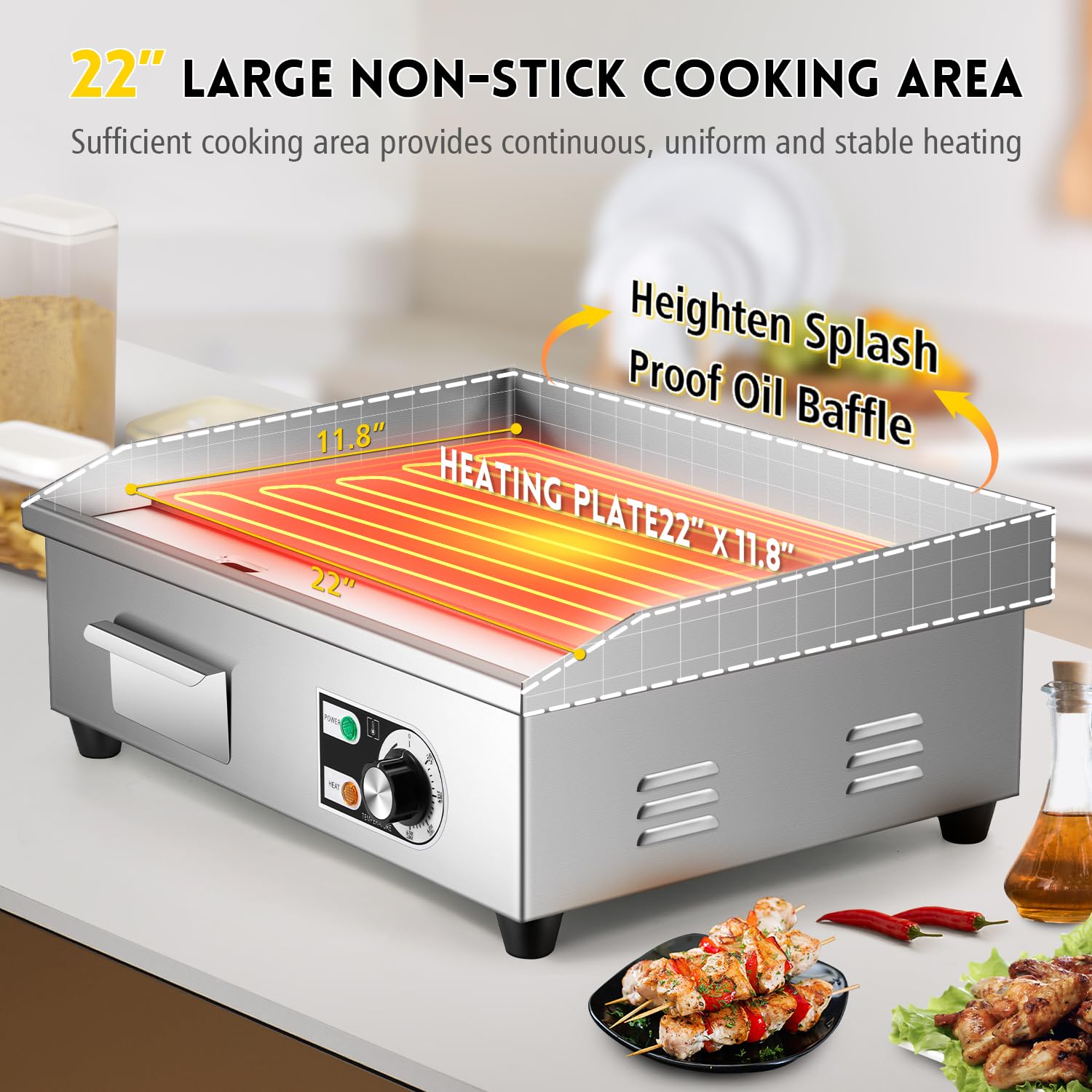 Moogiantgo - Plancha eléctrica comercial de 22 pulgadas, 1600 W, antiadherente para encimera, acero inoxidable, caja de aceite extraíble, temperatura ajustable de 32.0-572.0 °F, parrilla Teppanyaki 3