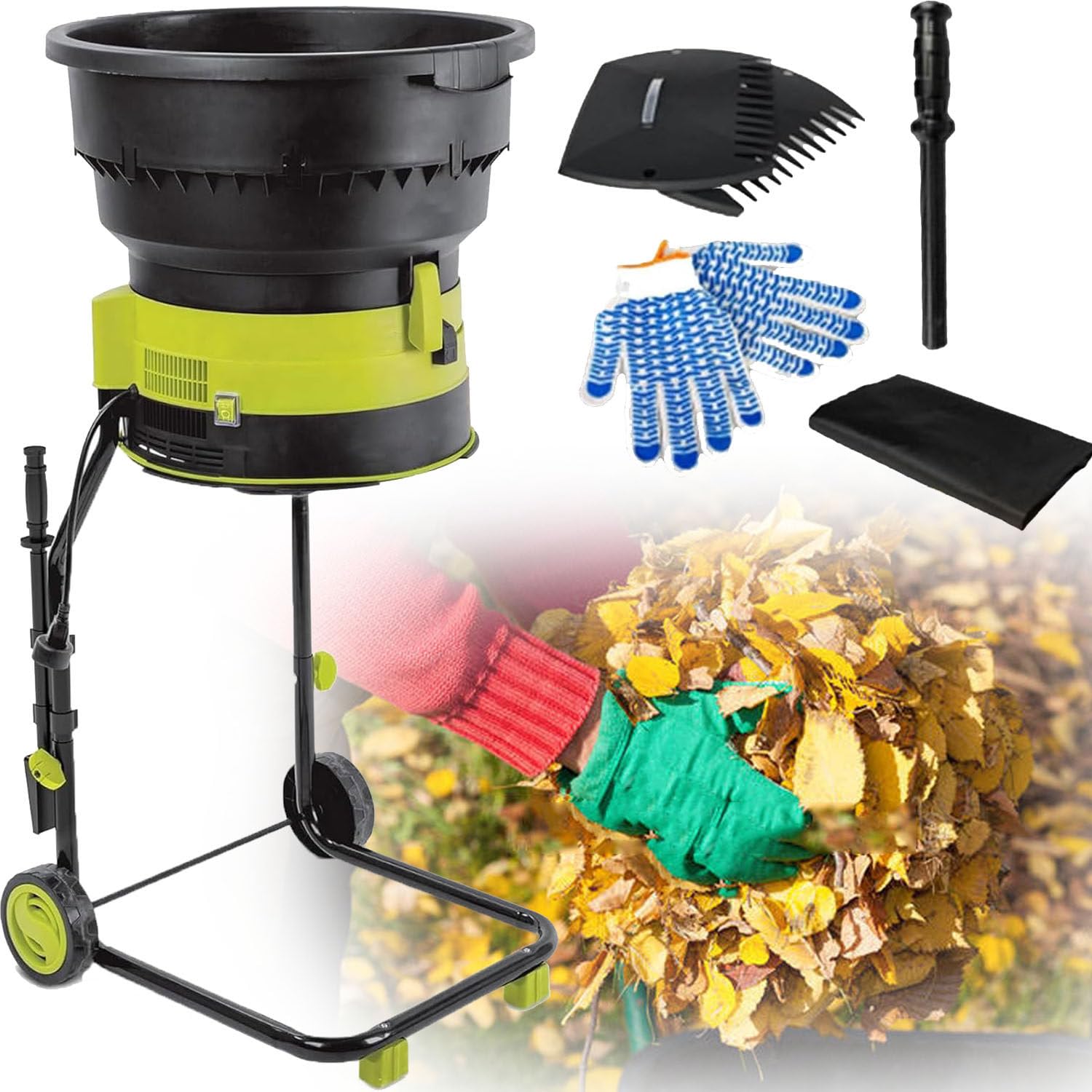 Trituradora de compost, trituradora de hojas, trituradora eléctrica de 2500 W con 8000 RPM, embudo de 54 cm, ruedas, rastrillo de hojas, bolsa de almacenamiento para limpieza de patio, 50 m