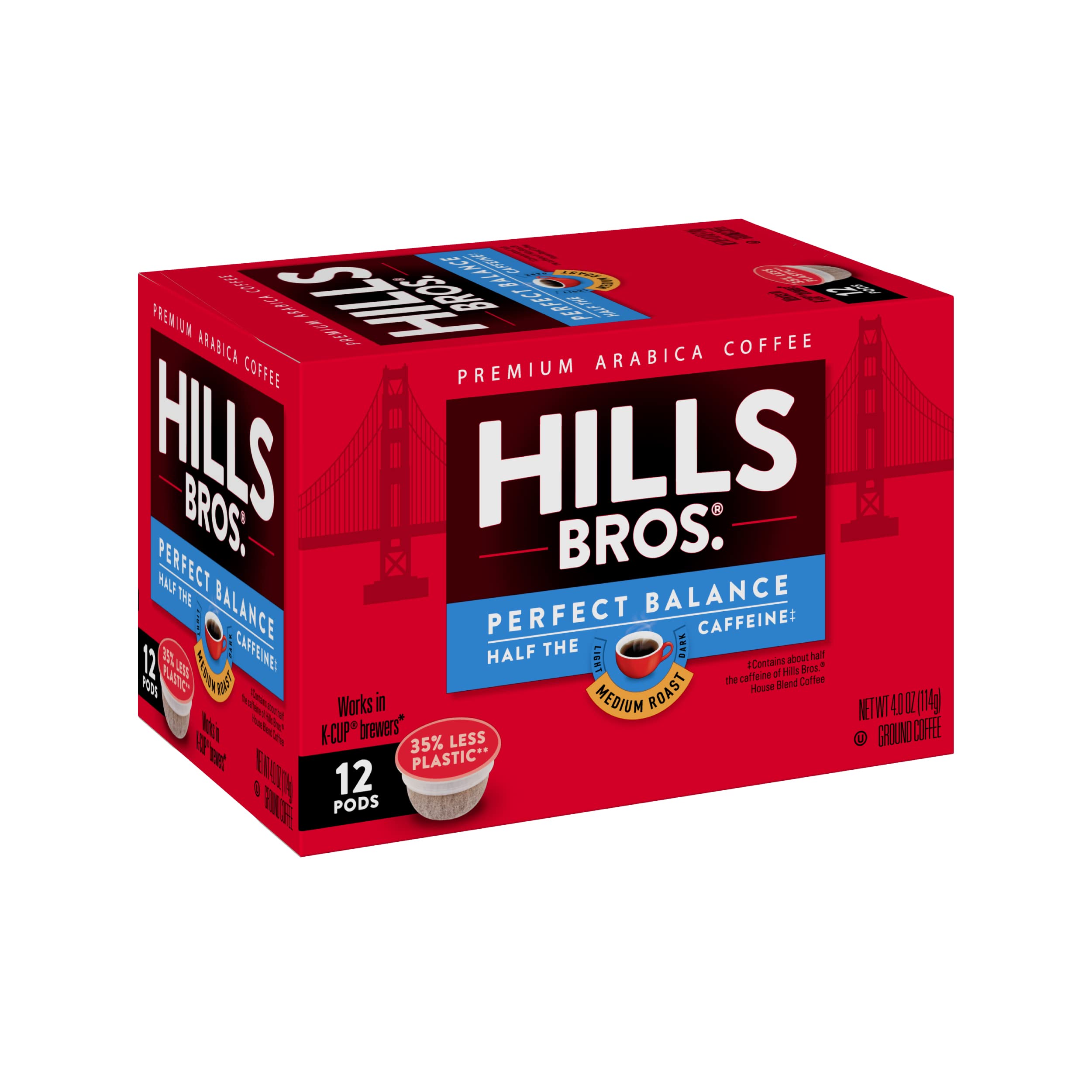 Hills Bros Single Serve Coffee Pods, Perfect Balance, Medium Roast Coffee, 12 Count-Keurig Compatible, Roasted Arabica Coffee Beans, Less Caffeine, Full-Body Flavor
