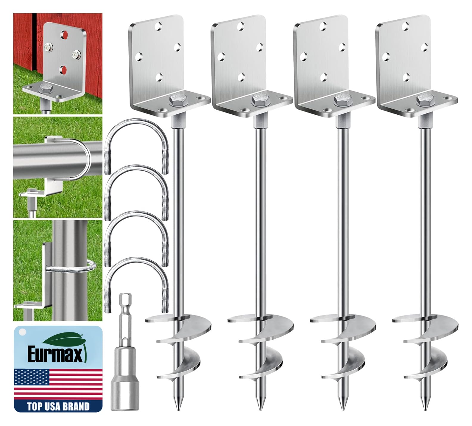 Eurmax USA 4 Pack Heavy Duty Ground Anchors, Rust-Proof L-Shaped Screw-in Spiral Ground Stakes for Trampoline, Shed, Swing Set &amp; Carport,High Wind Resistant Metal Auger Anchors (Silver)