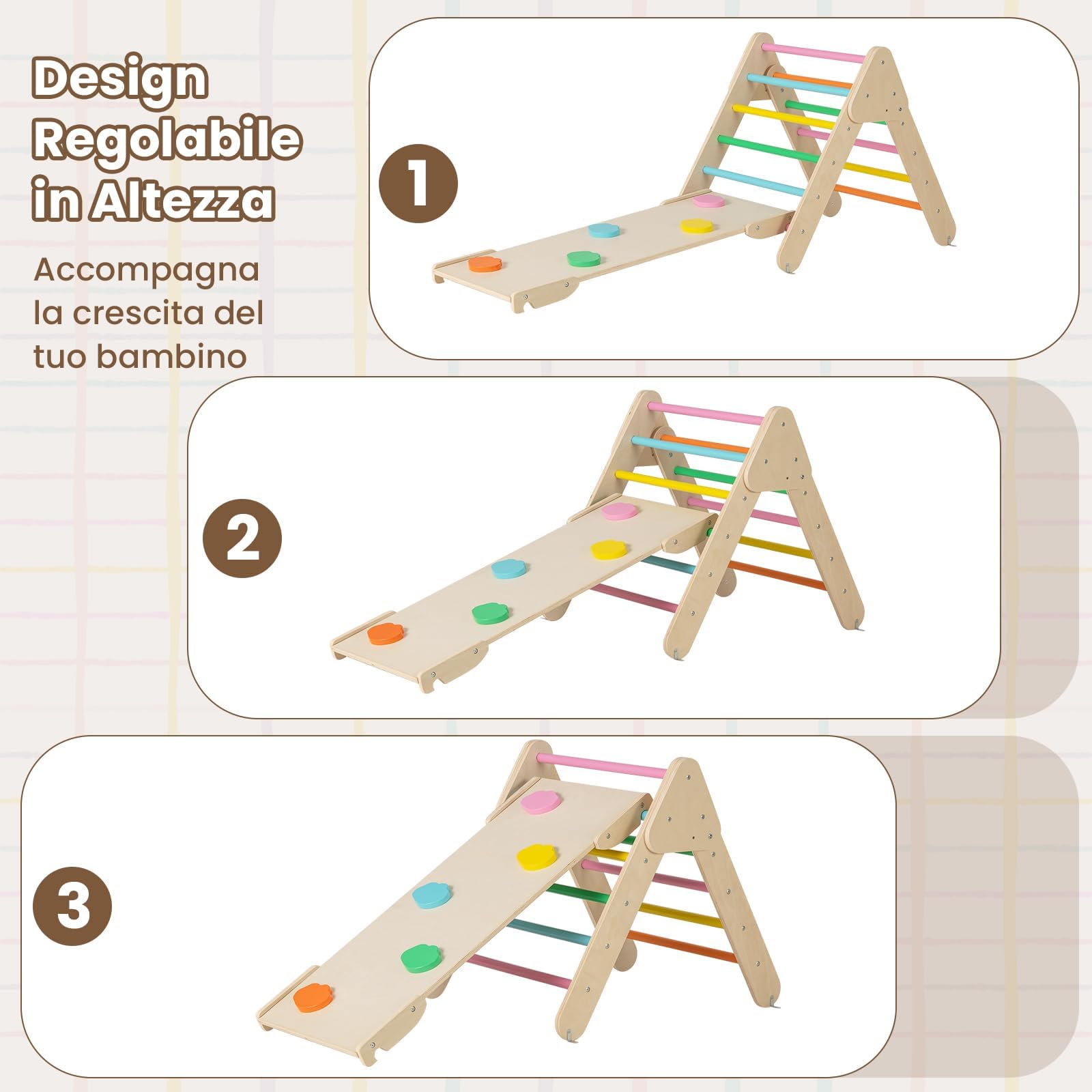 RELAX4LIFE 4 in 1 Triangolo da Arrampicata con Scivolo per Bambini, Arco da Arrampicata e Scala per Arrampicarsi in Legno, Montessori Giocattoli Bimbi 2 3 4 5 Anni