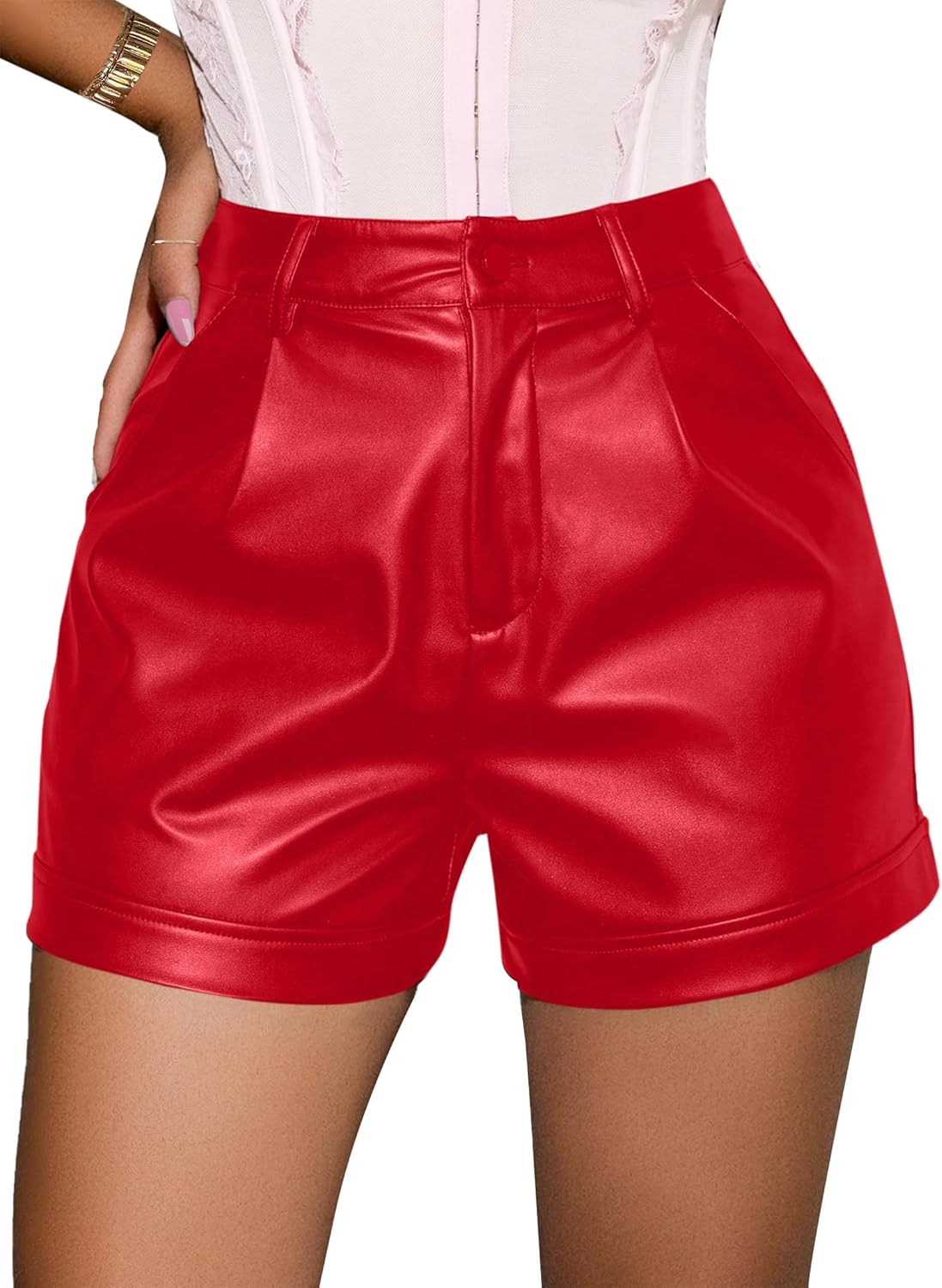 Avanova Women Faux Leather High Waisted Shorts Pleated Casual Summer Shorts - Image 7