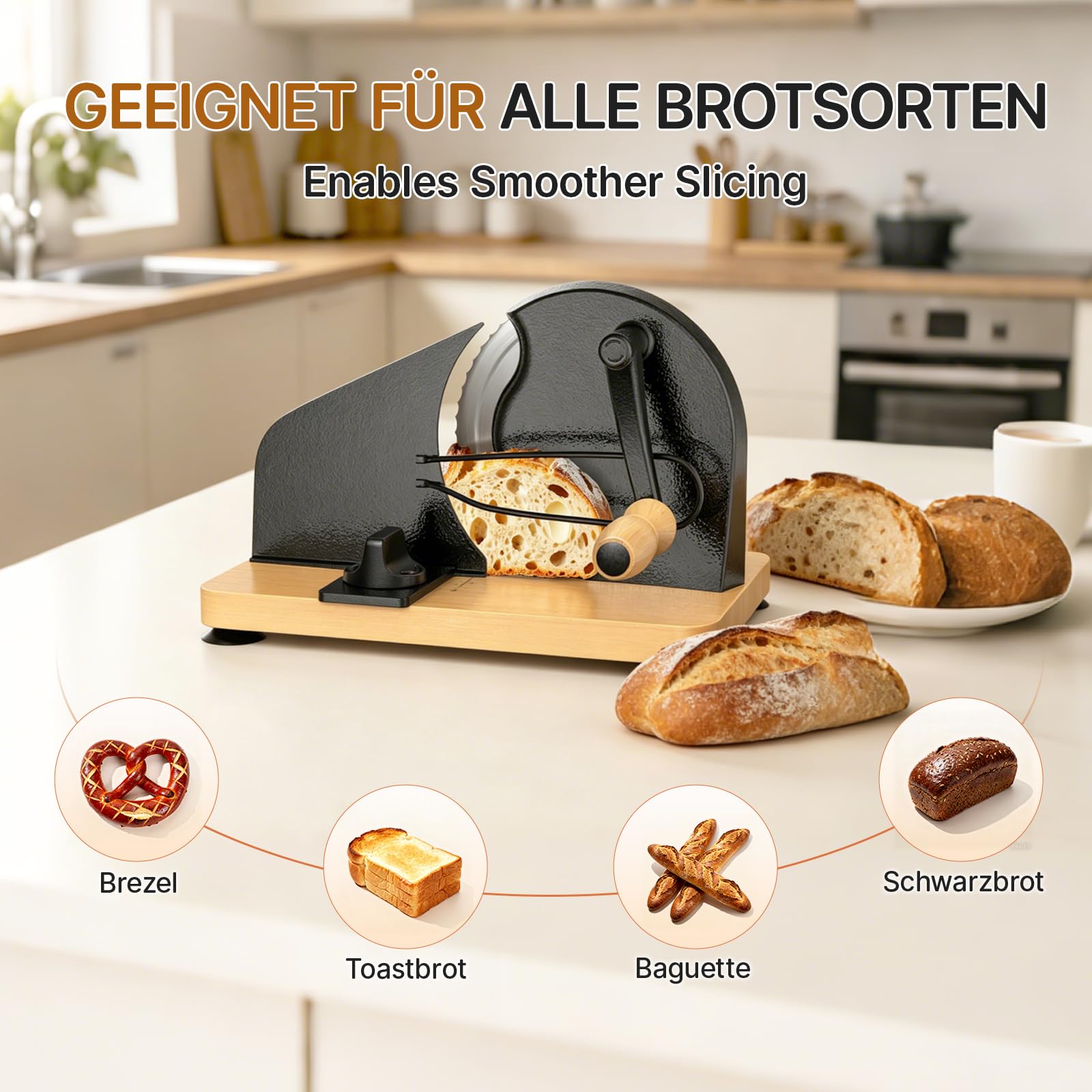 Brotschneidemaschine Manuell mit Handkurbel | Einstellbare Scheibendicke | Scharfe Edelstahlklinge & Buchenholz Basis | Rutschfest durch Saugnäpfe | Kompakt für selbstgemachtes Brot & Sauerteigbrot
