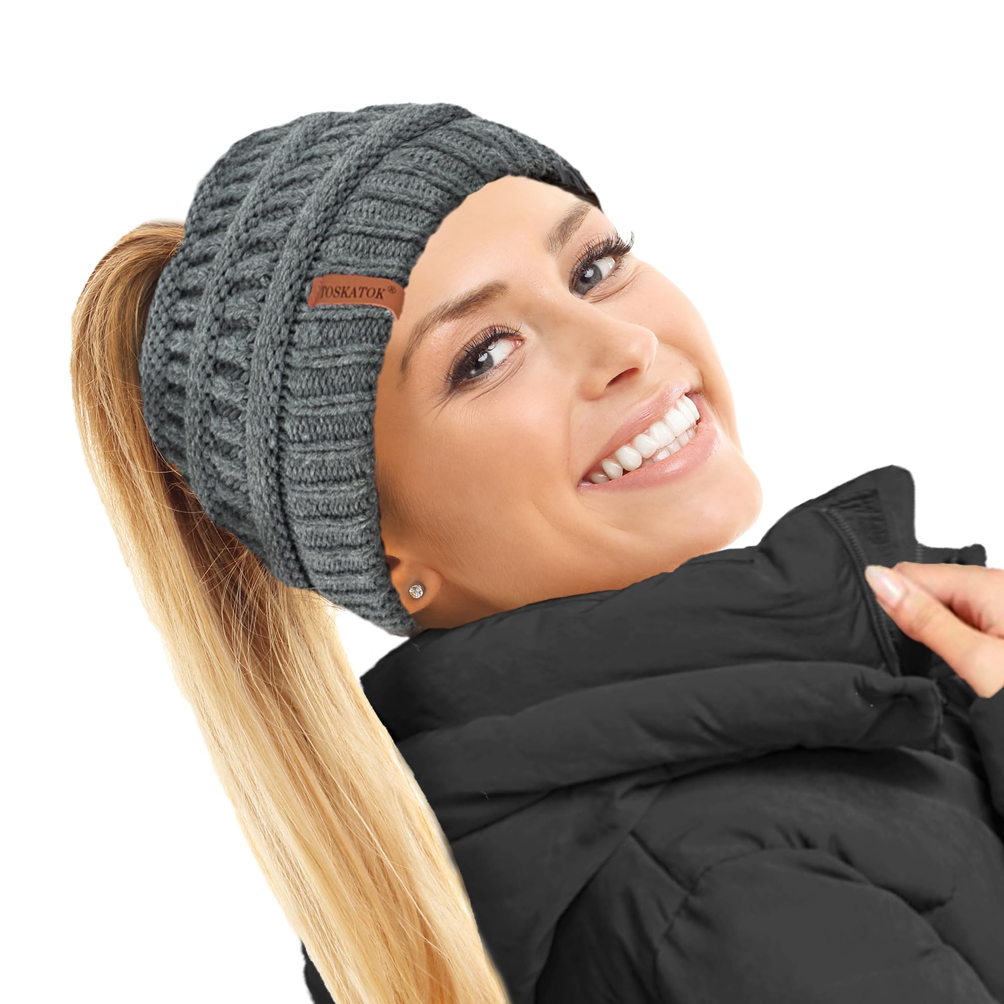 Toskatok Women's Grey Thermal Teddy Fleece Lined Ponytail Beanie Hat-Mid